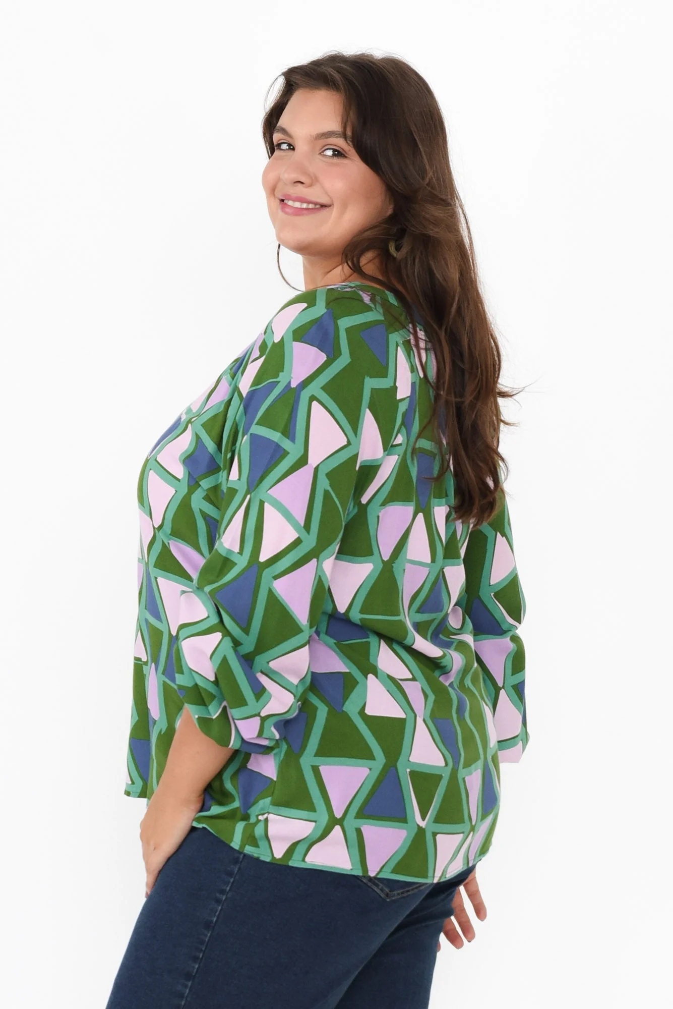 Else Green Geo Sleeved Top - Image 3