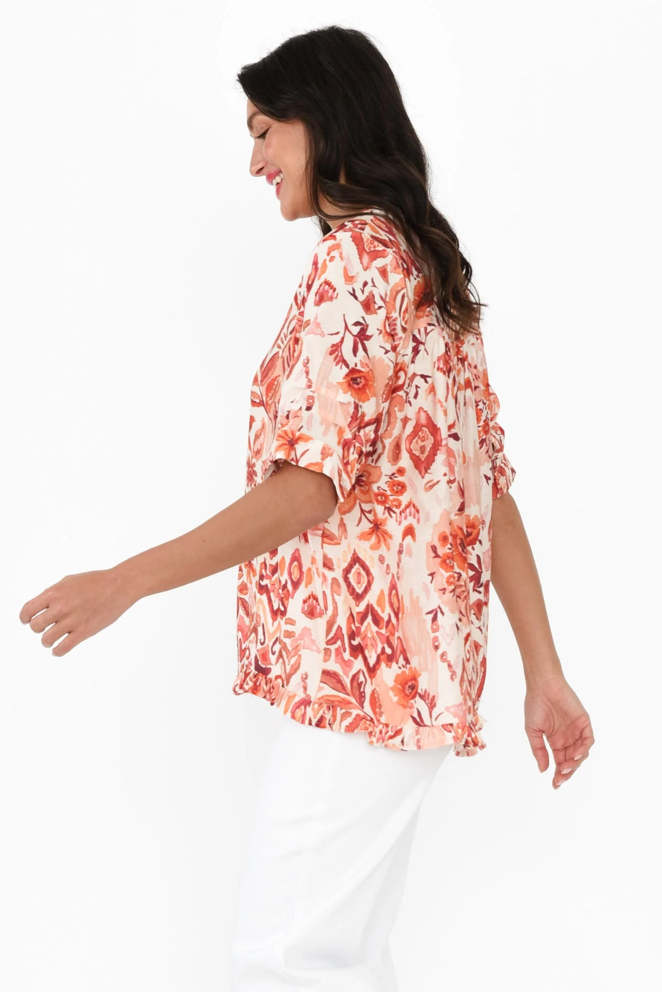 Ennis Orange Floral Frill Top - Image 3