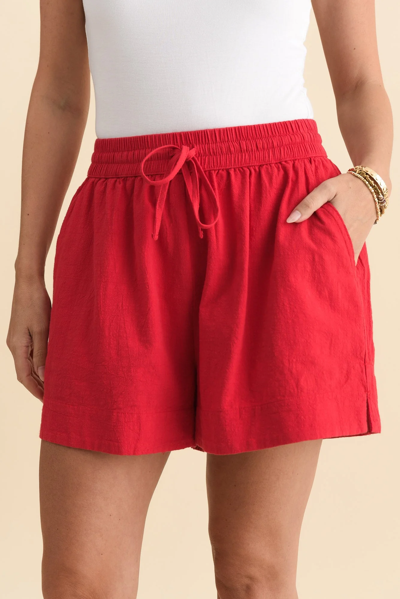 Esme Red Cotton Drawstring Shorts - Image 5