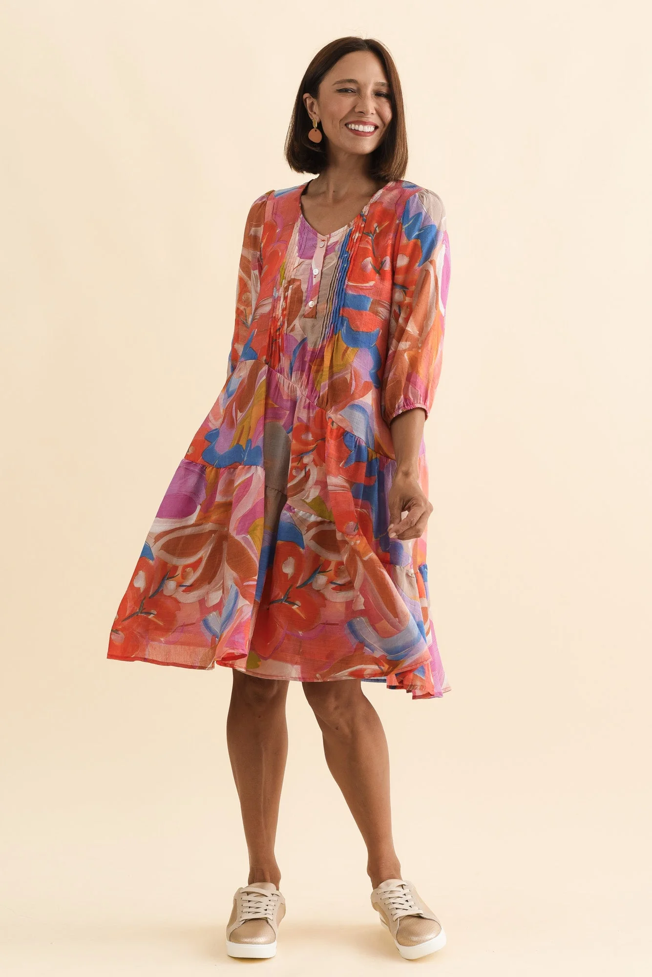Esta Rust Abstract Sleeved Dress - Image 2