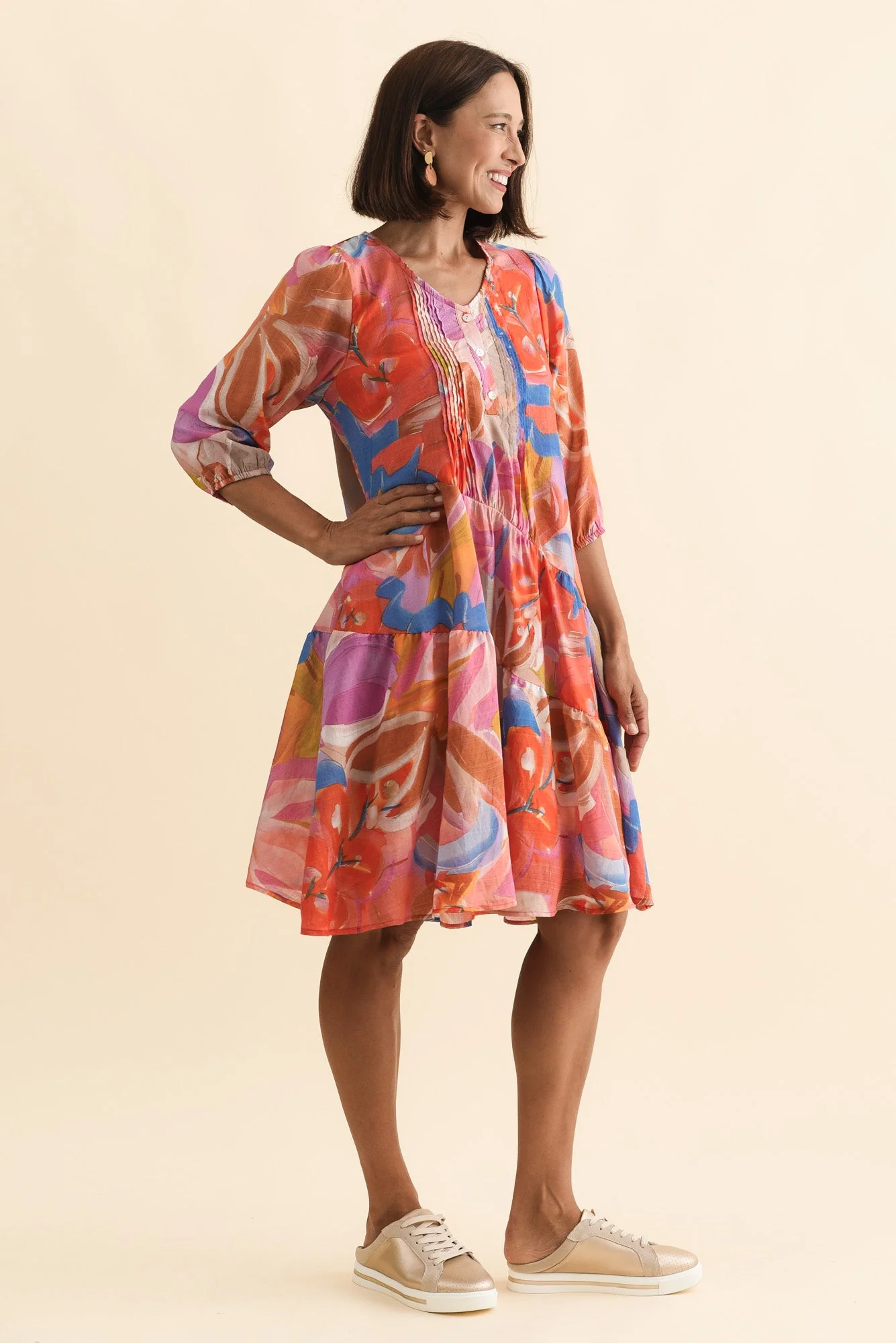 Esta Rust Abstract Sleeved Dress - Image 3