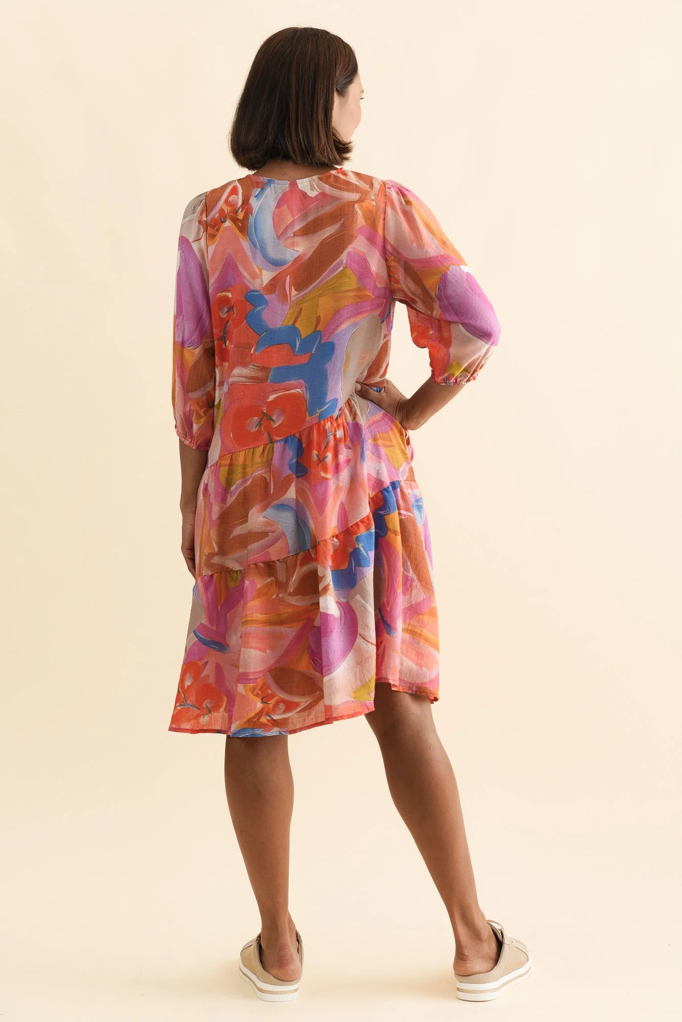 Esta Rust Abstract Sleeved Dress - Image 4