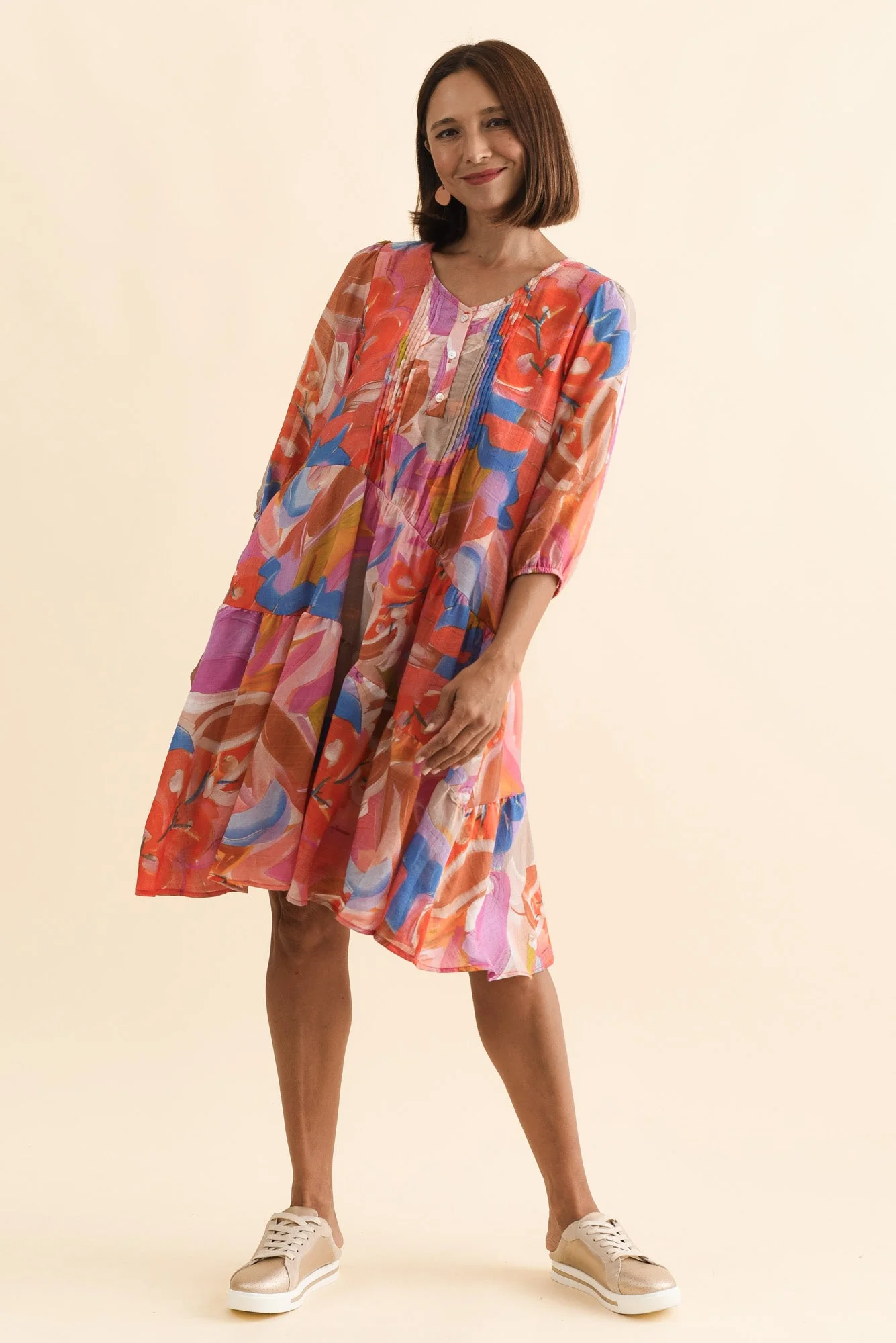Esta Rust Abstract Sleeved Dress - Image 6