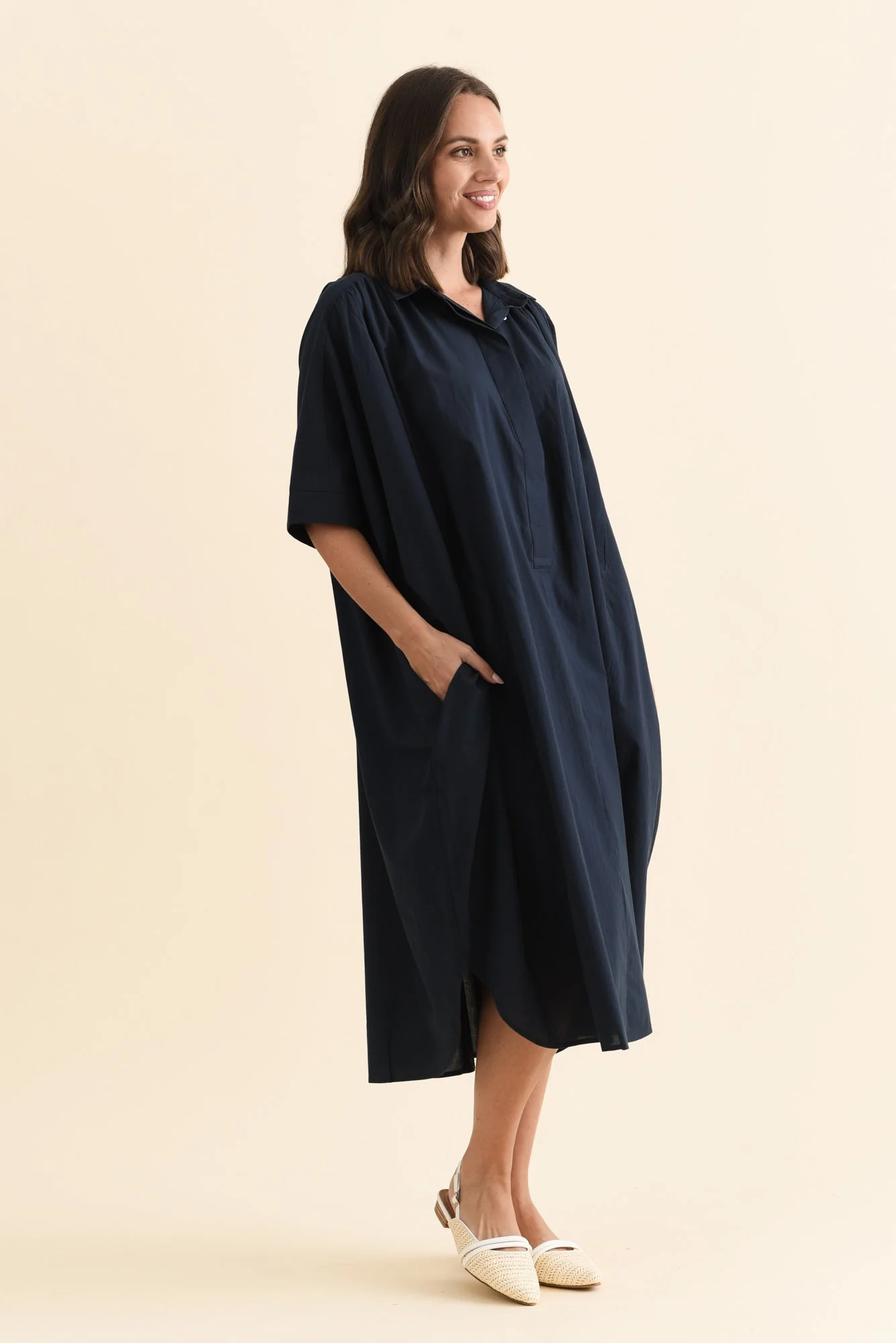 Esther Navy Cotton Tie Dress - Image 3