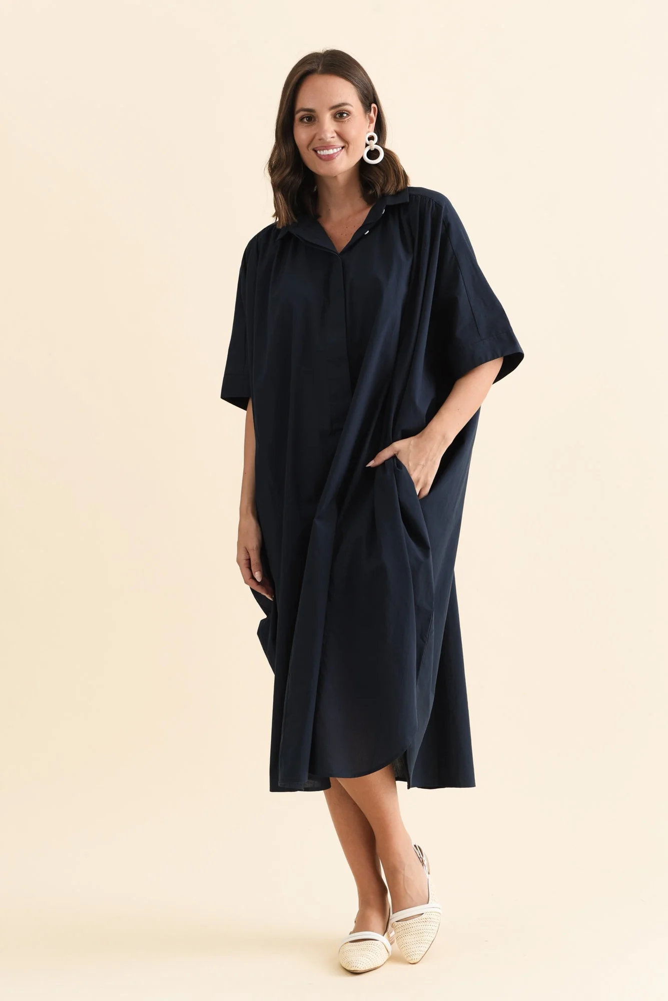 Esther Navy Cotton Tie Dress - Image 6