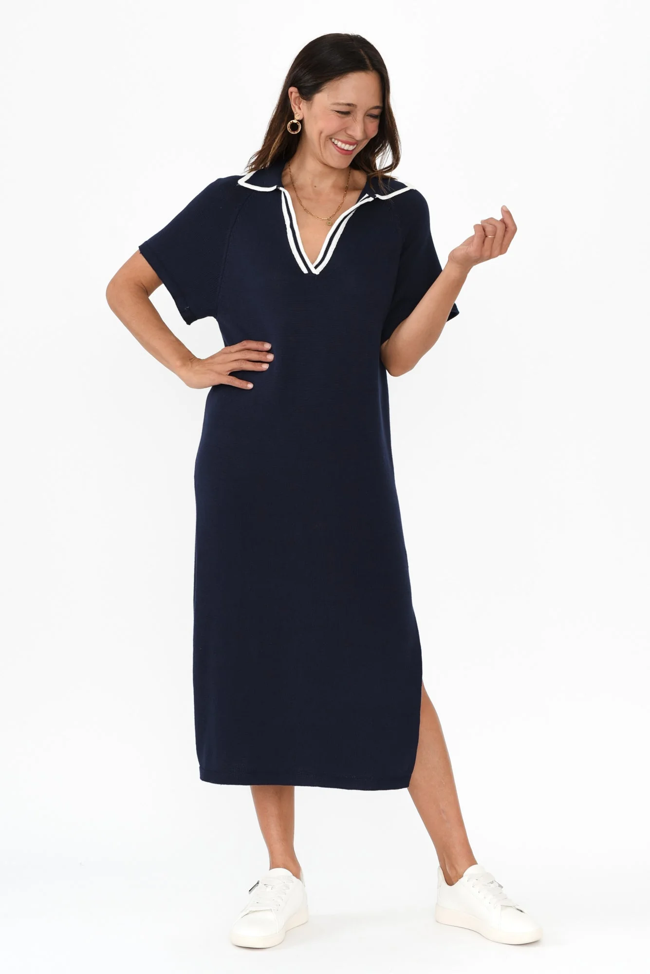 Fabiola Navy Contrast Knit Dress - Image 6