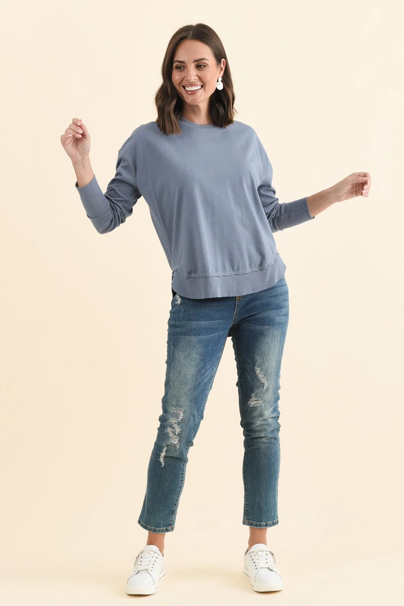 Farrah Blue Cotton Long Sleeve Top - Image 6