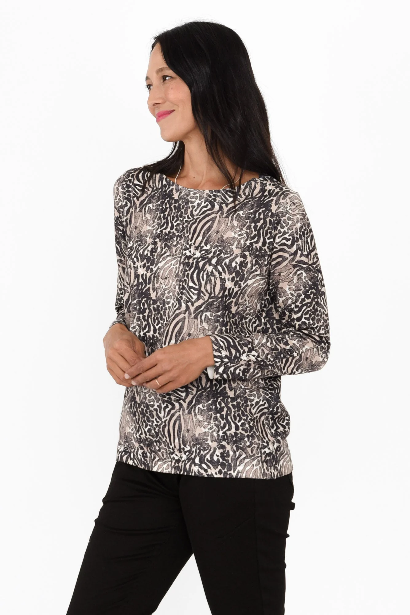 Felice Black Animal Long Sleeve Top - Image 3