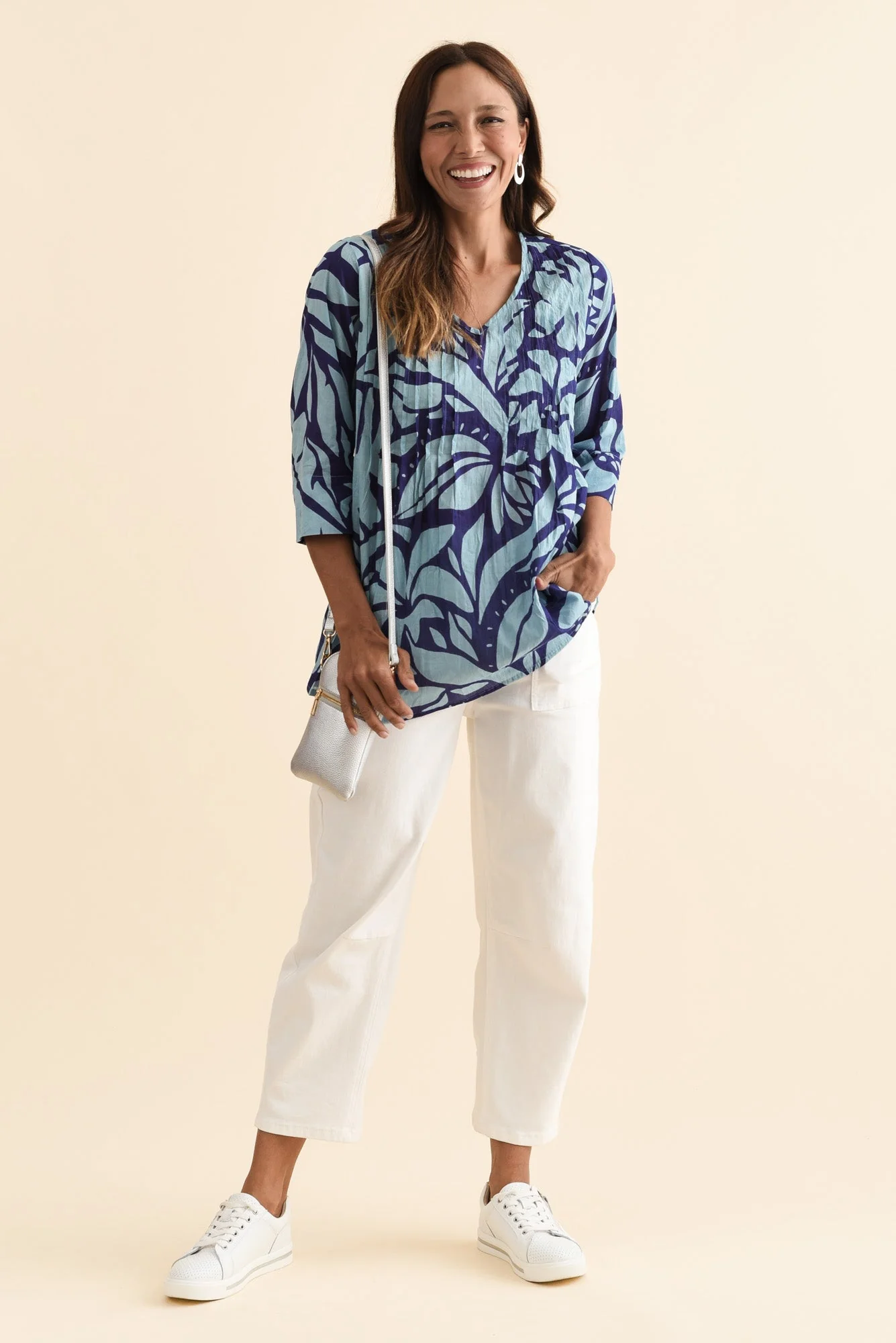 Fia Blue Botanical Sleeved Crinkle Cotton Top - Image 2