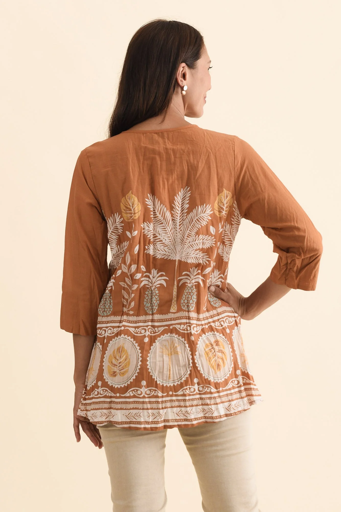 Fia Brown Beach Sleeved Crinkle Cotton Top - Image 4