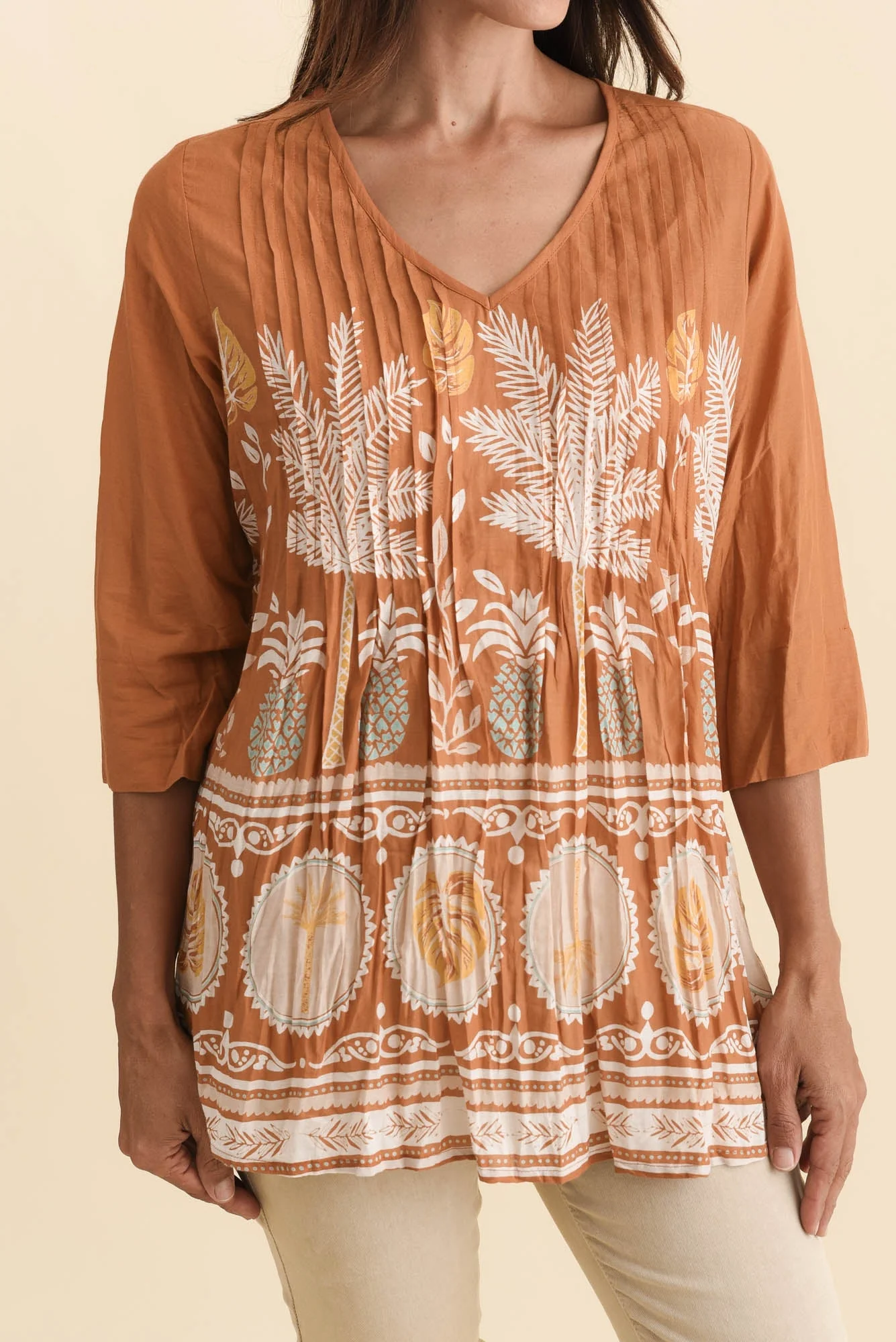 Fia Brown Beach Sleeved Crinkle Cotton Top - Image 5