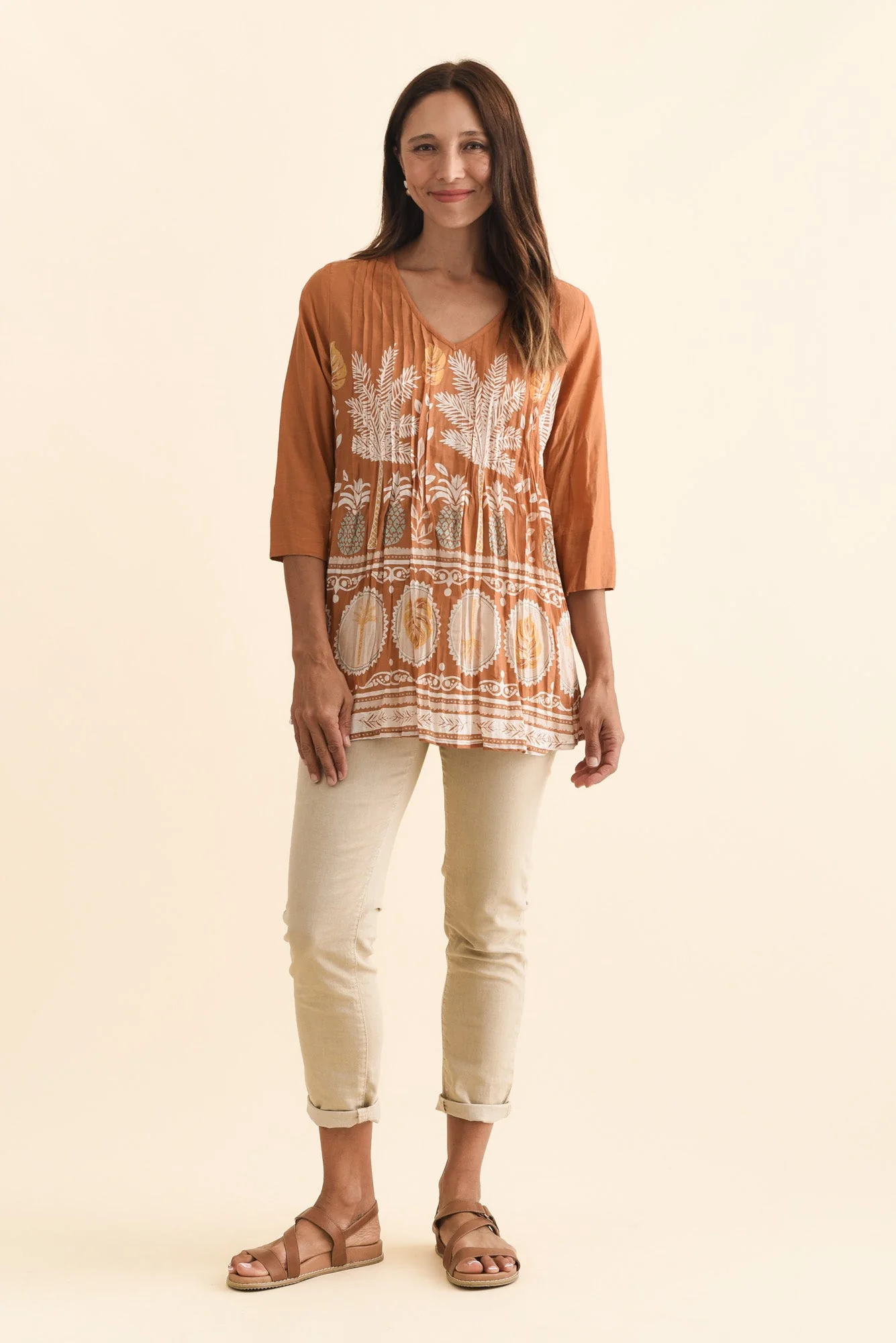 Fia Brown Beach Sleeved Crinkle Cotton Top - Image 6