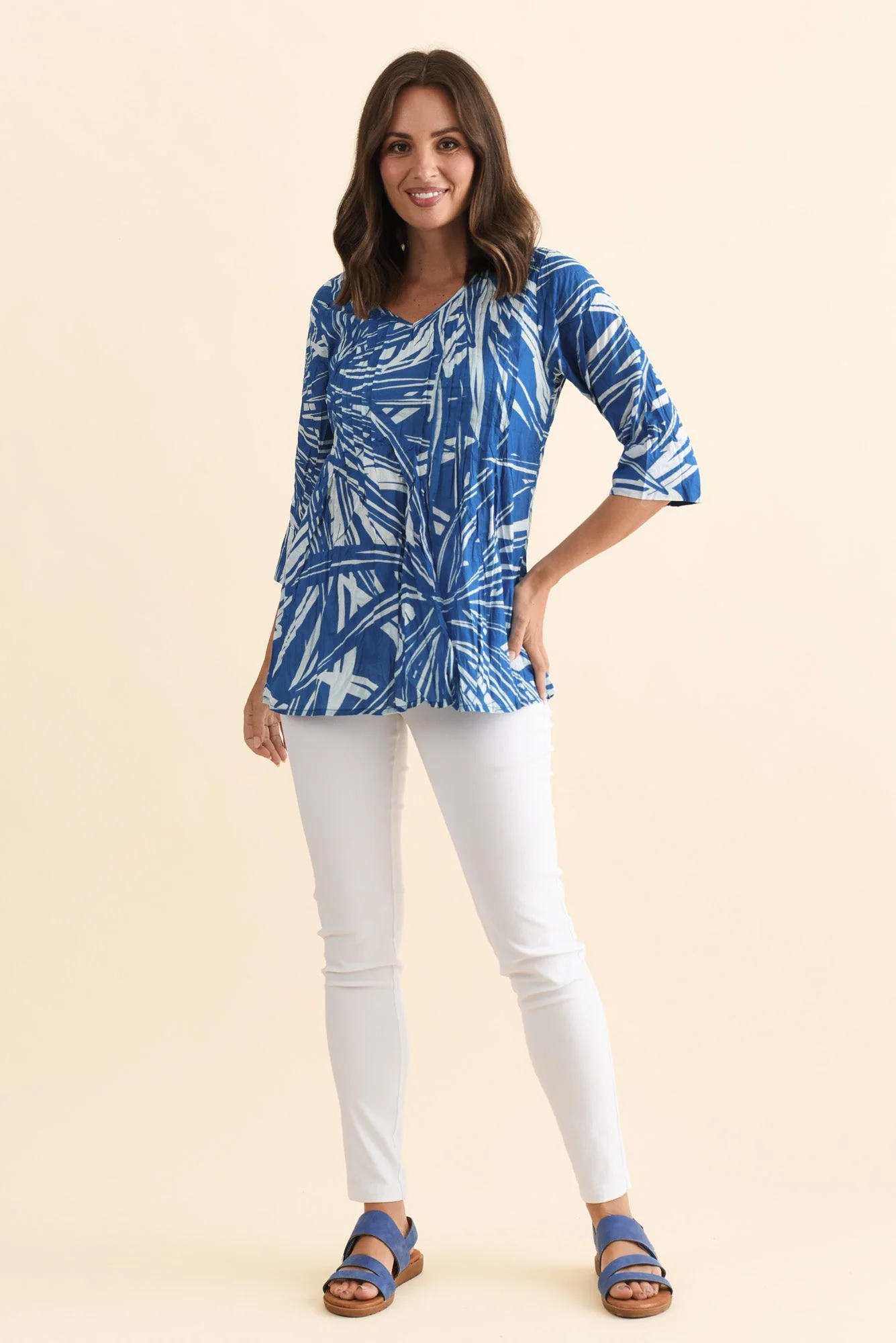Fia Cobalt Burst Sleeved Crinkle Cotton Top - Image 2