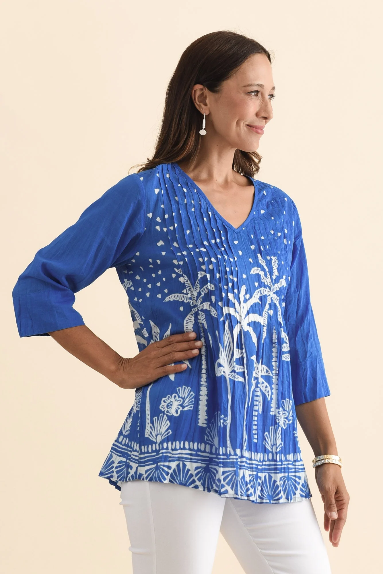 Fia Cobalt Palm Sleeved Crinkle Cotton Top - Image 3