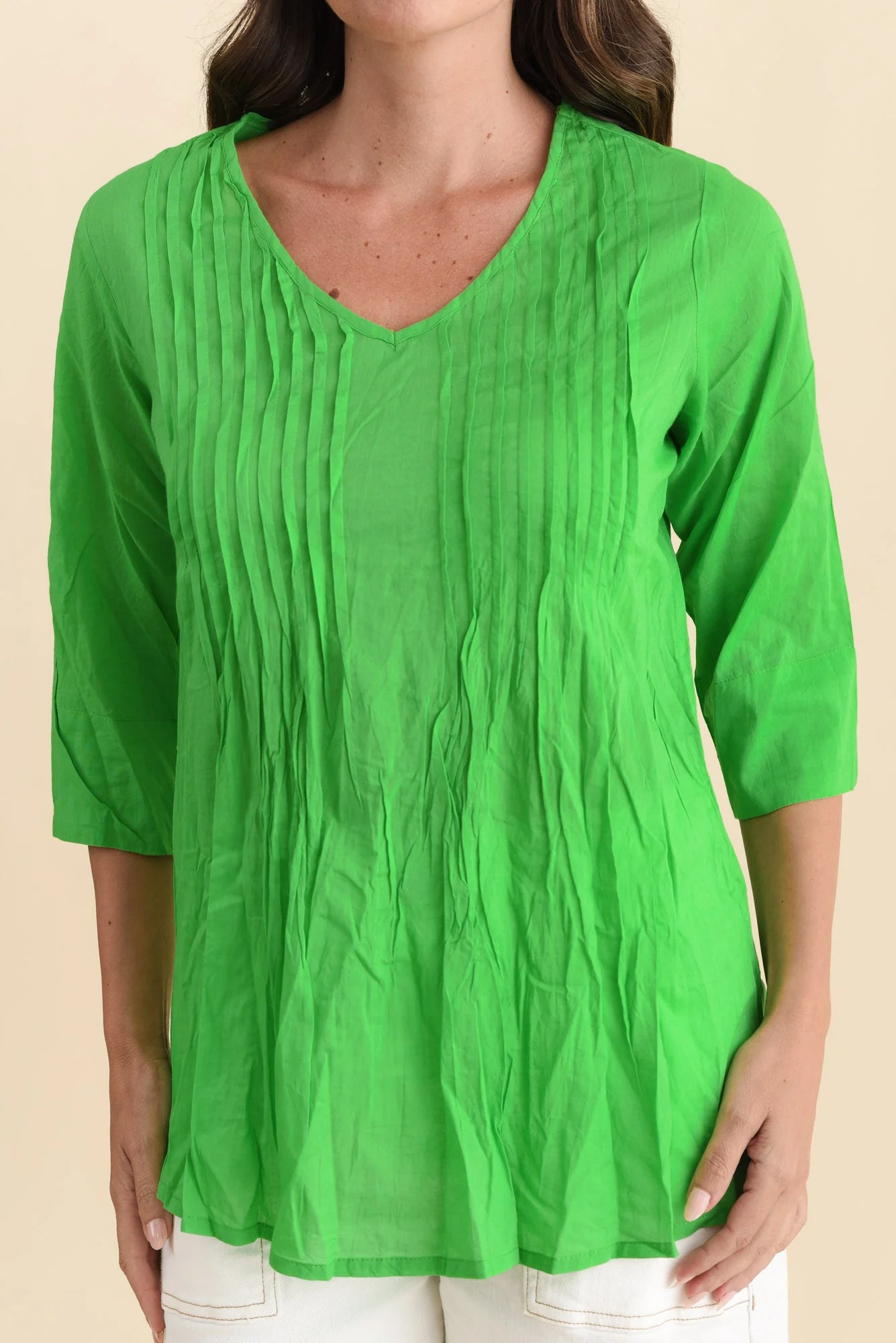 Fia Bright Green Sleeved Crinkle Cotton Top - Image 5