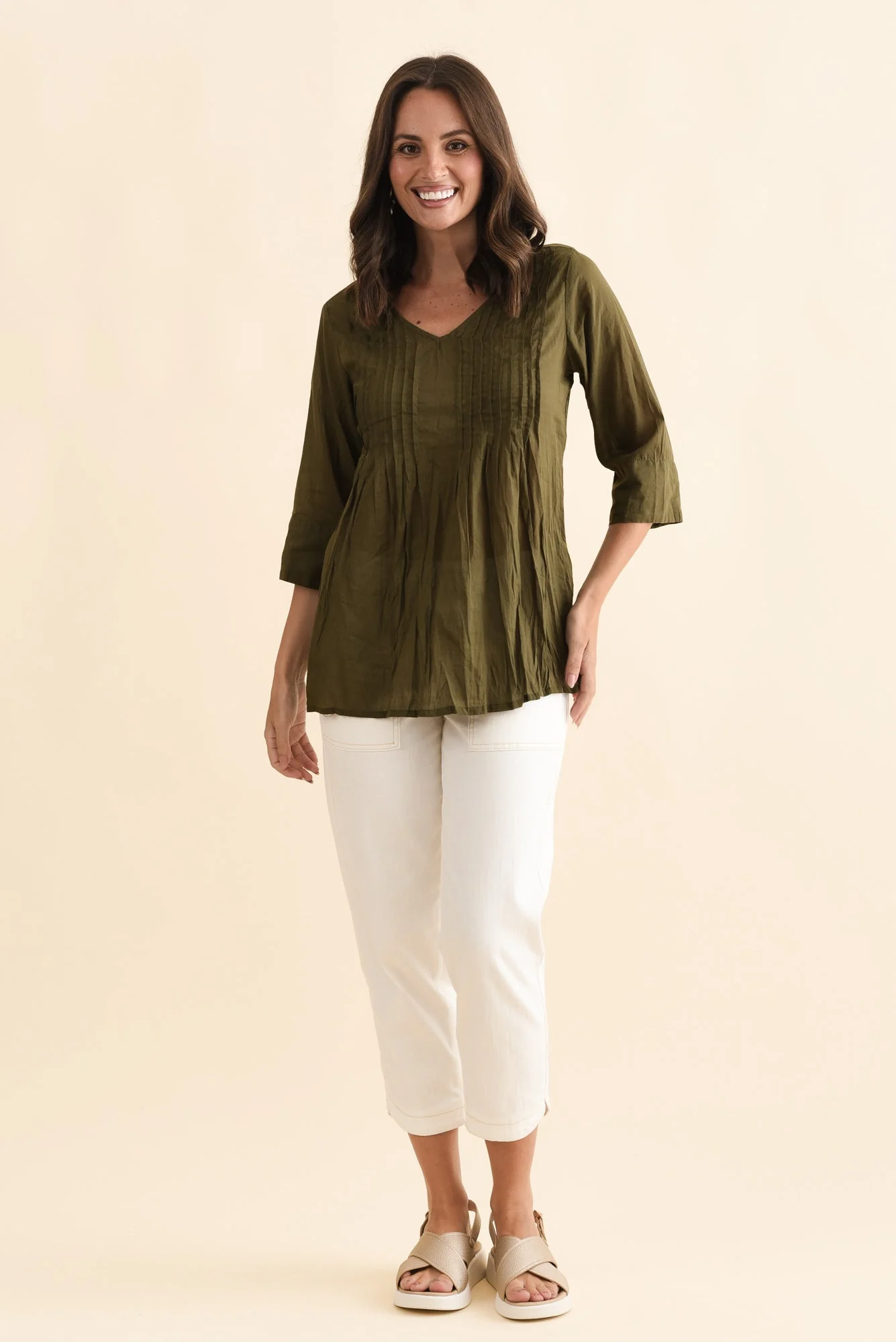 Fia Khaki Sleeved Crinkle Cotton Top - Image 2