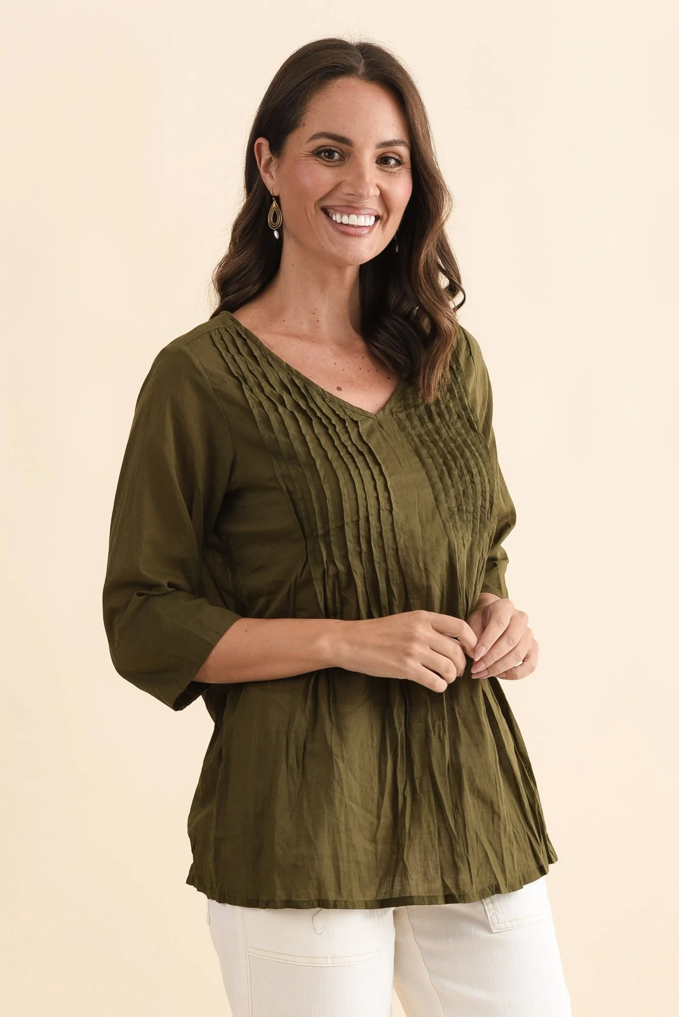 Fia Khaki Sleeved Crinkle Cotton Top - Image 3