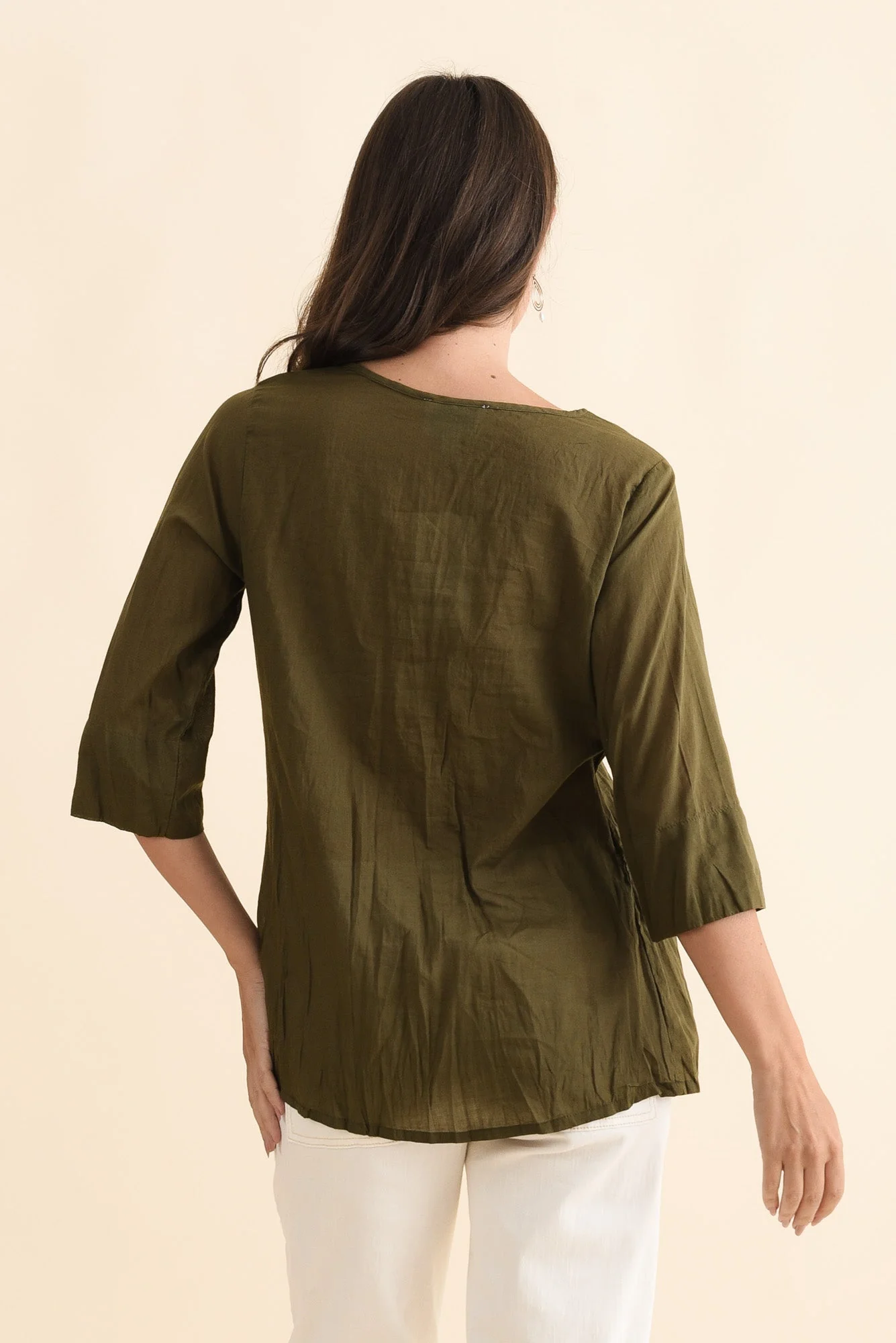 Fia Khaki Sleeved Crinkle Cotton Top - Image 4