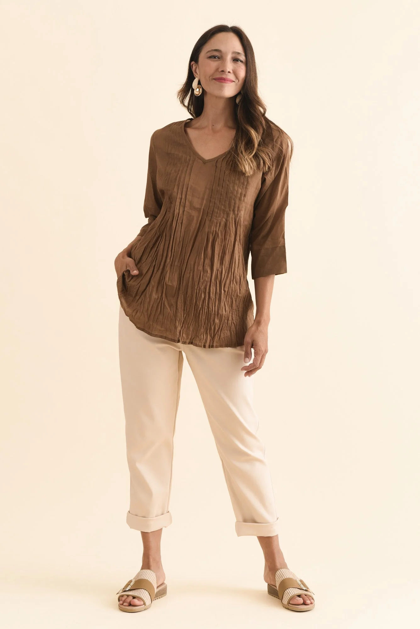 Fia Mocha Sleeved Crinkle Cotton Top - Image 6