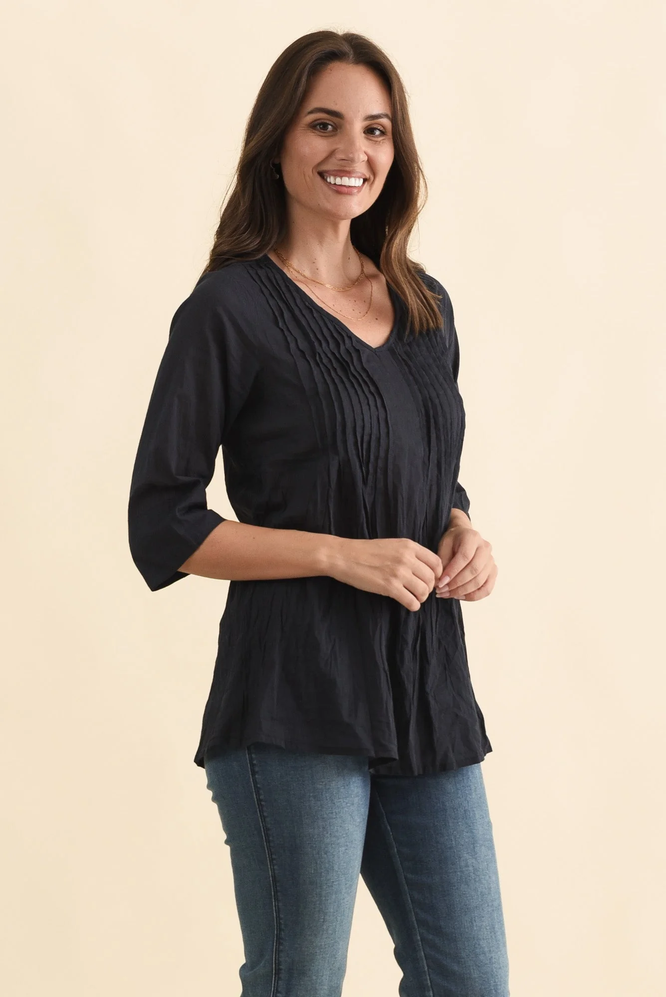 Fia Navy Sleeved Crinkle Cotton Top - Image 3