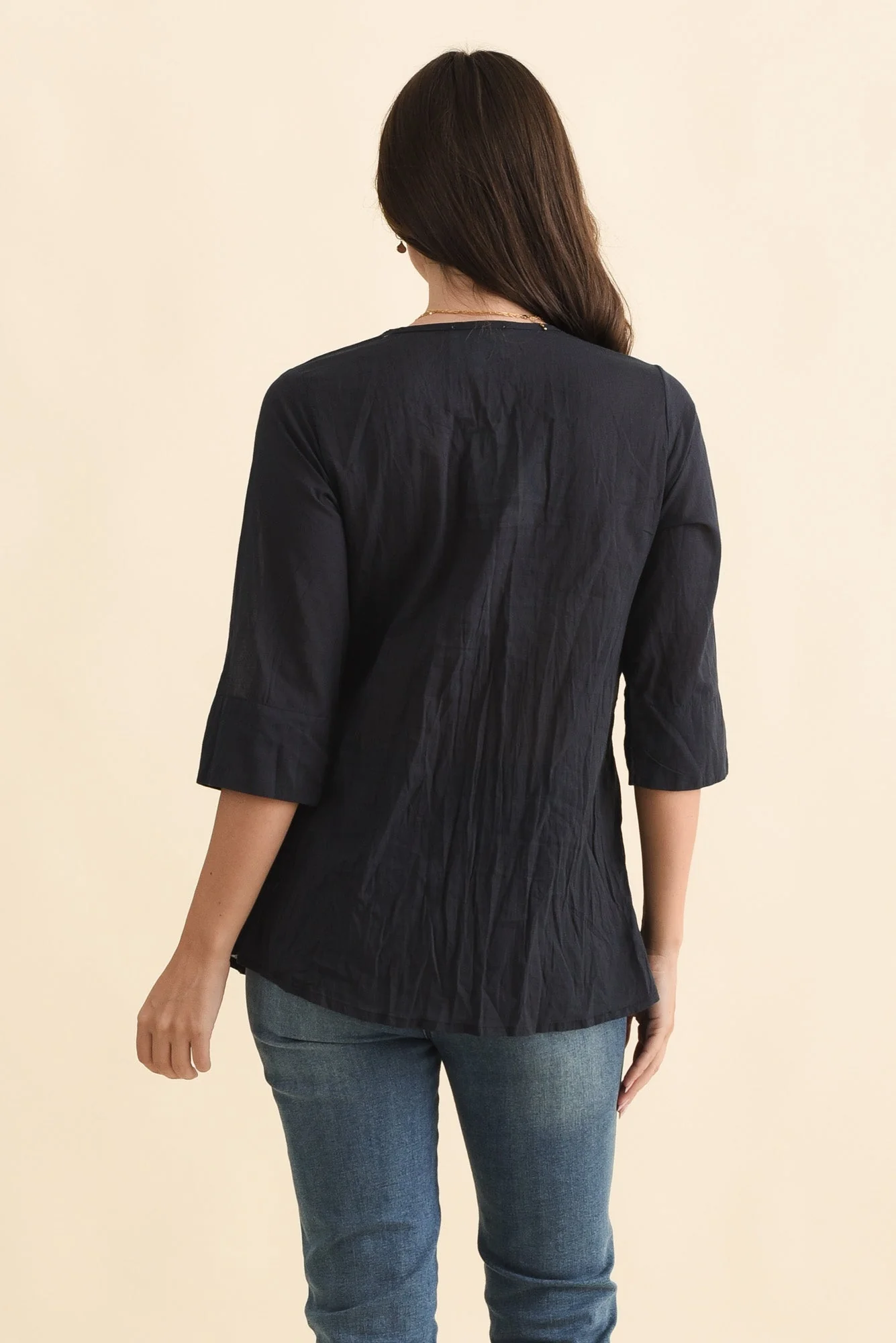 Fia Navy Sleeved Crinkle Cotton Top - Image 4