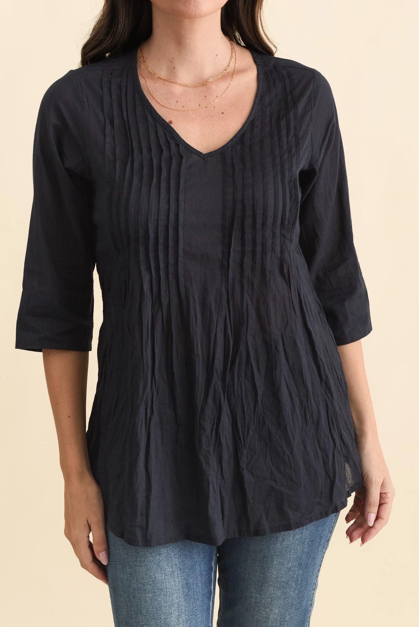 Fia Navy Sleeved Crinkle Cotton Top - Image 5