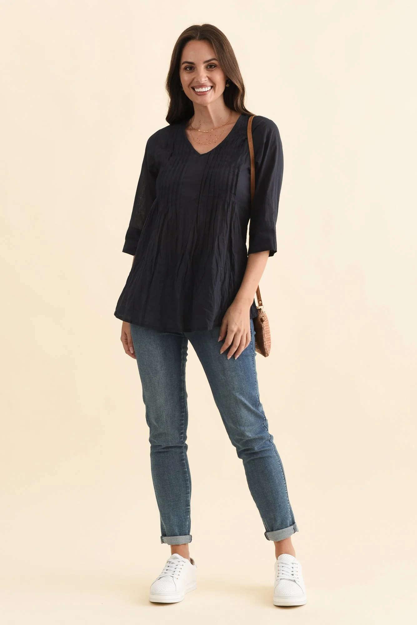 Fia Navy Sleeved Crinkle Cotton Top - Image 6