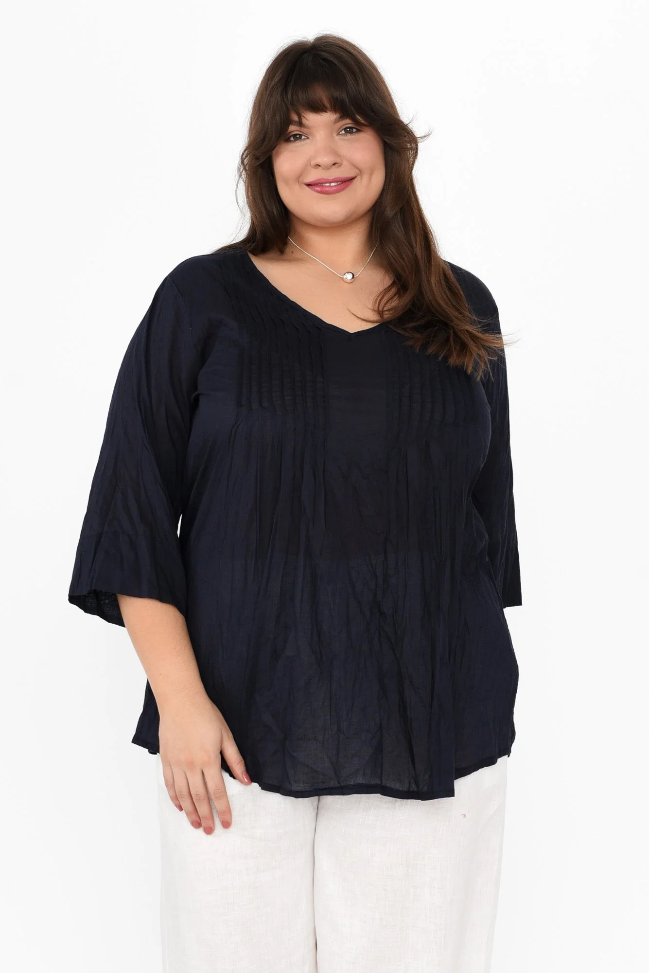 Fia Navy Sleeved Crinkle Cotton Top - Image 7