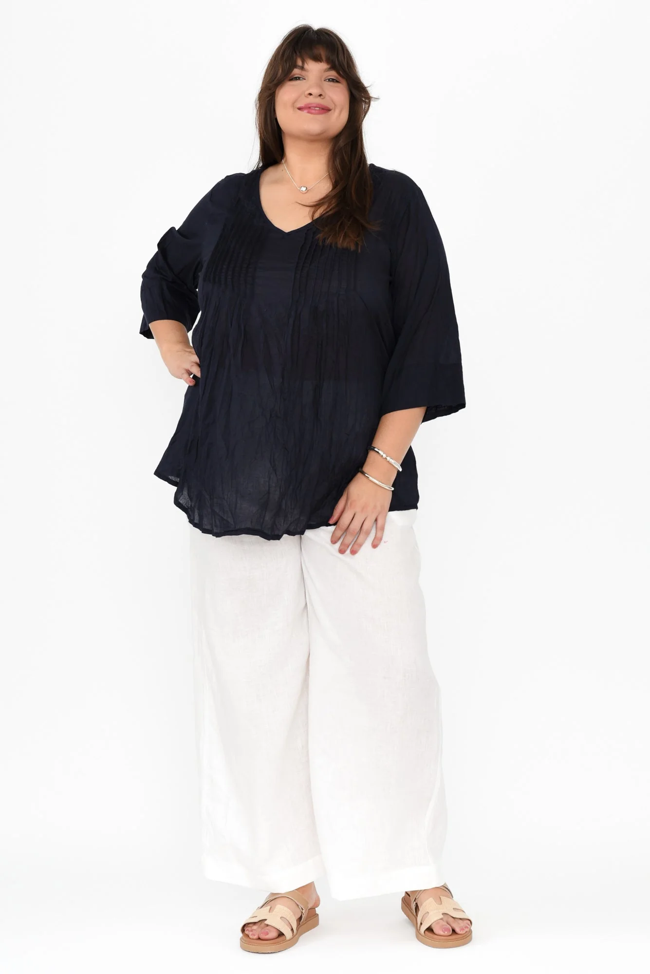 Fia Navy Sleeved Crinkle Cotton Top - Image 8