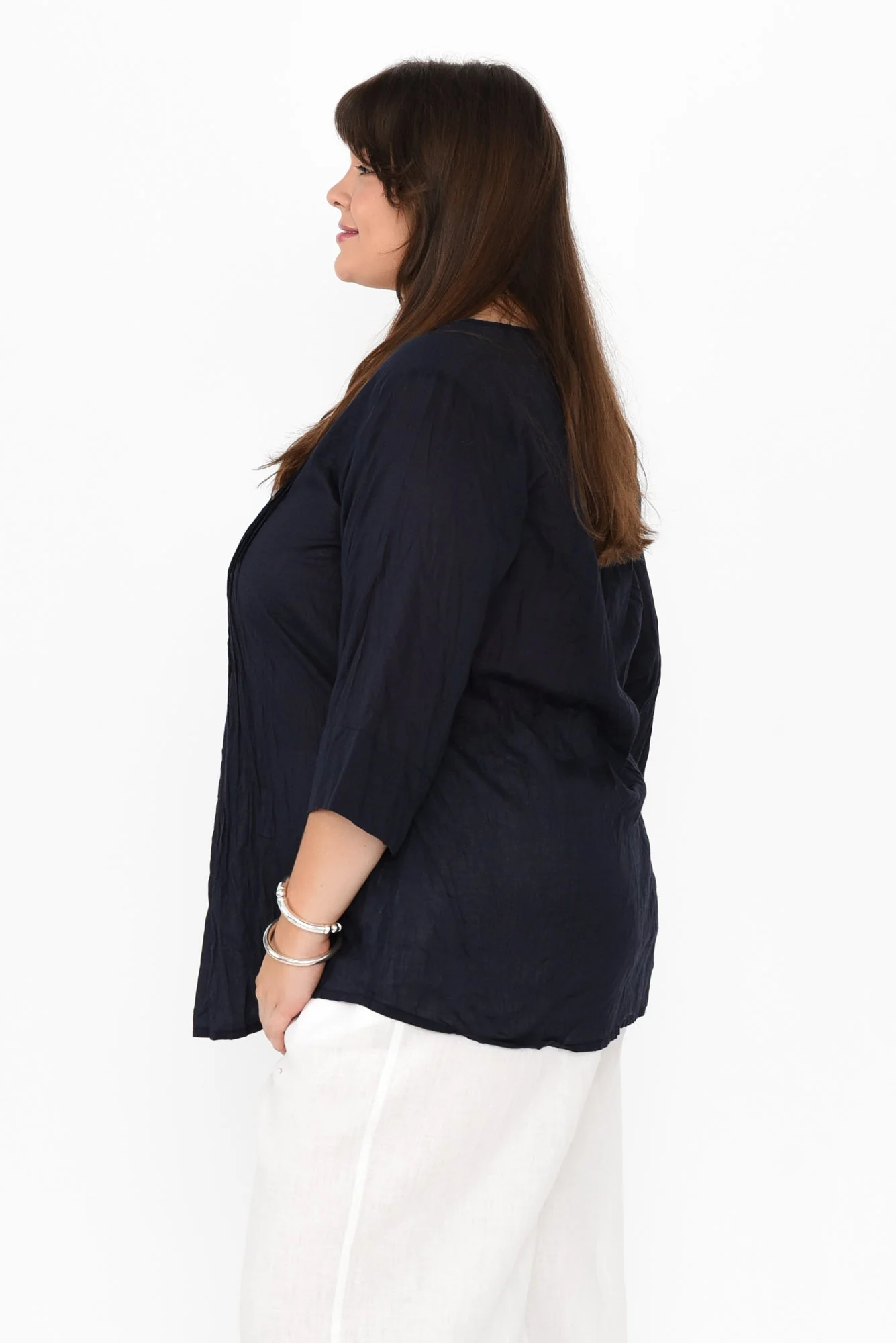 Fia Navy Sleeved Crinkle Cotton Top - Image 9
