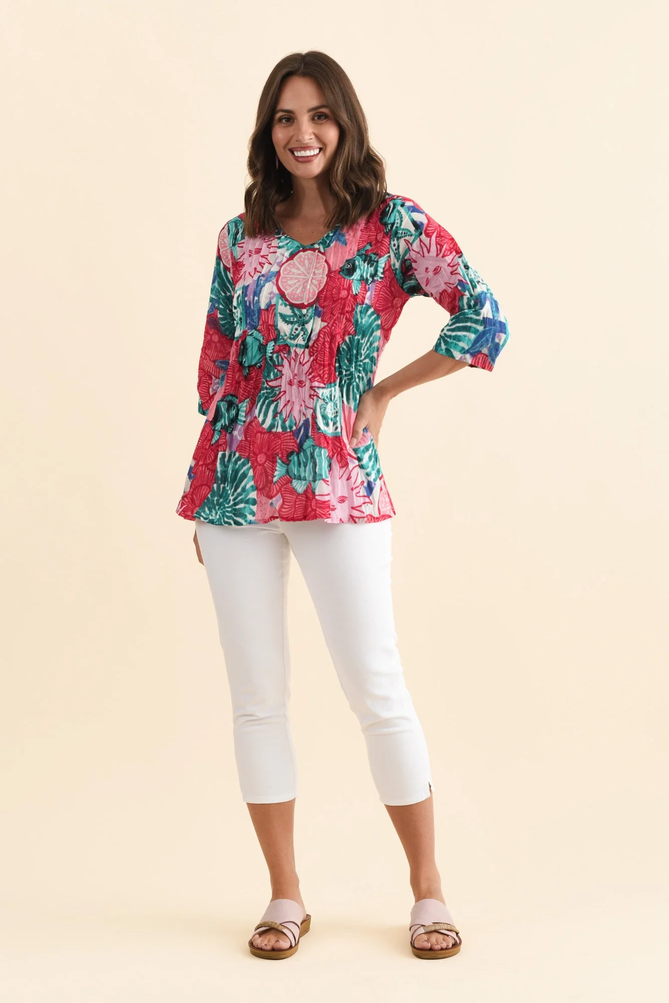 Fia Pink Abstract Sleeved Crinkle Cotton Top - Image 2