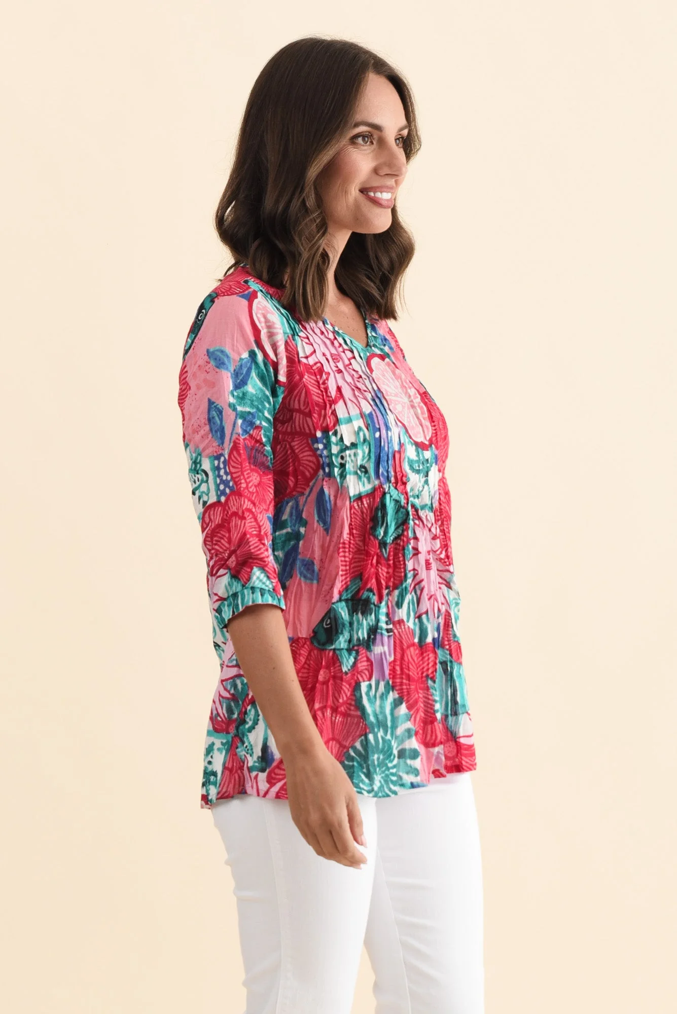 Fia Pink Abstract Sleeved Crinkle Cotton Top - Image 3
