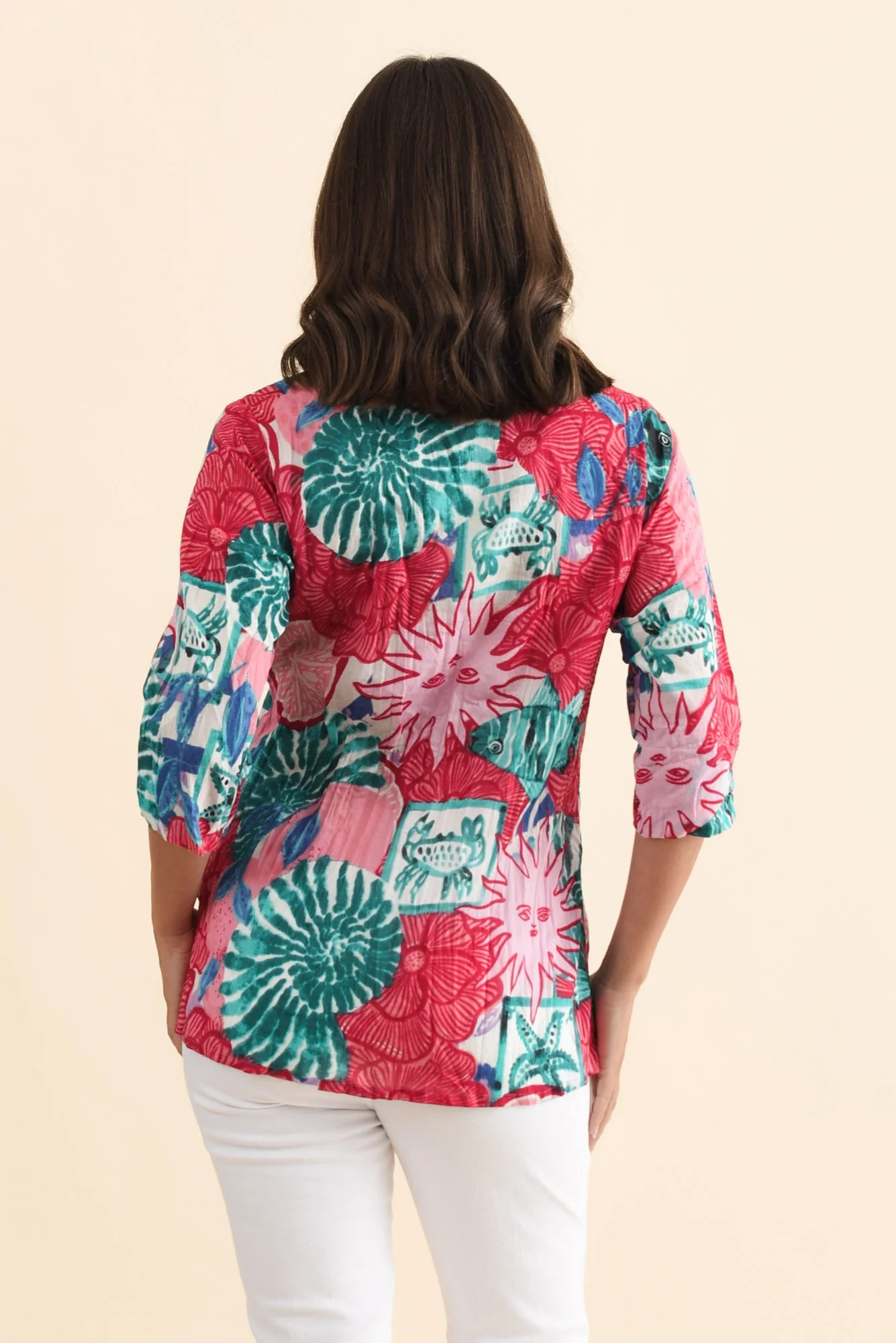 Fia Pink Abstract Sleeved Crinkle Cotton Top - Image 4