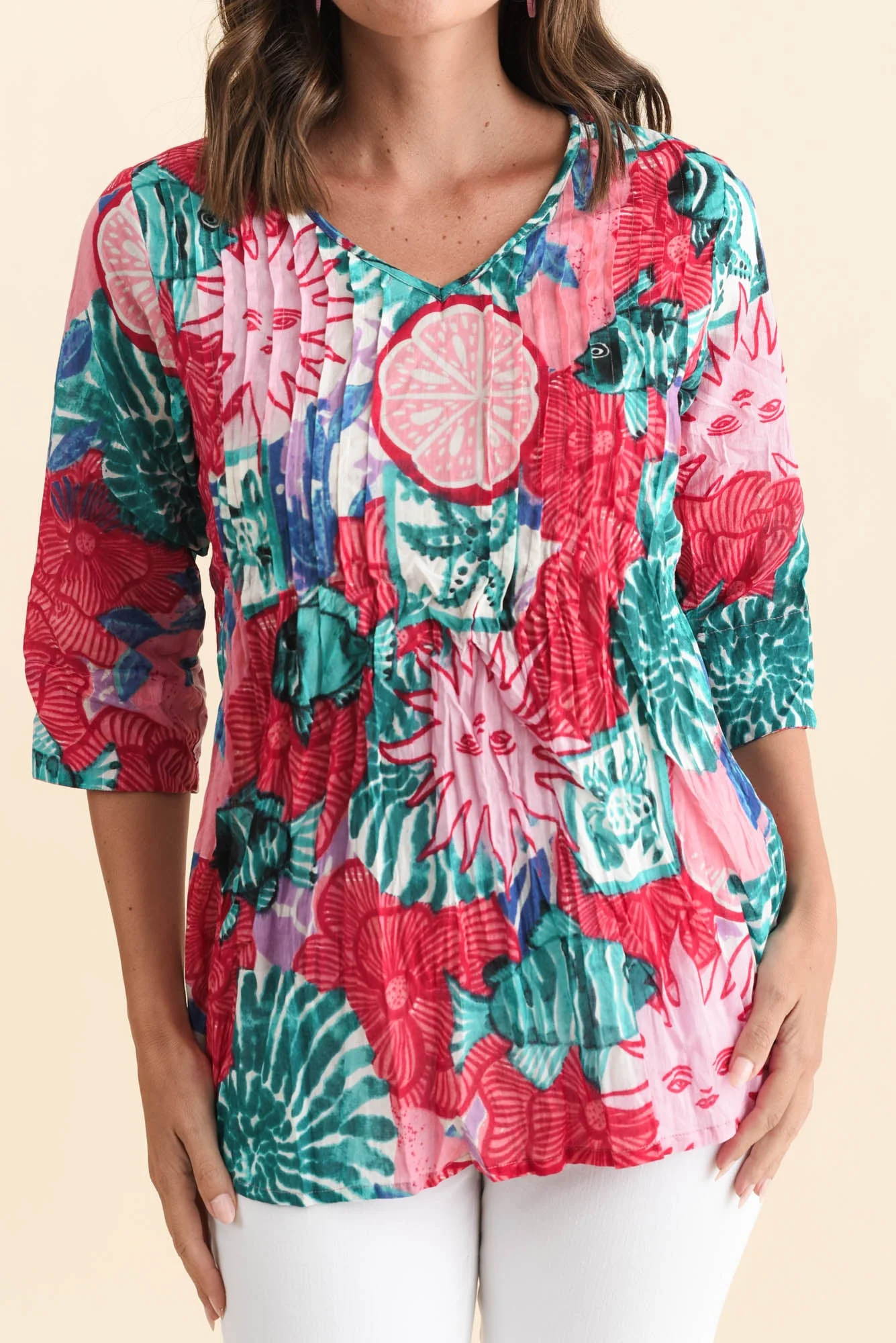 Fia Pink Abstract Sleeved Crinkle Cotton Top - Image 5