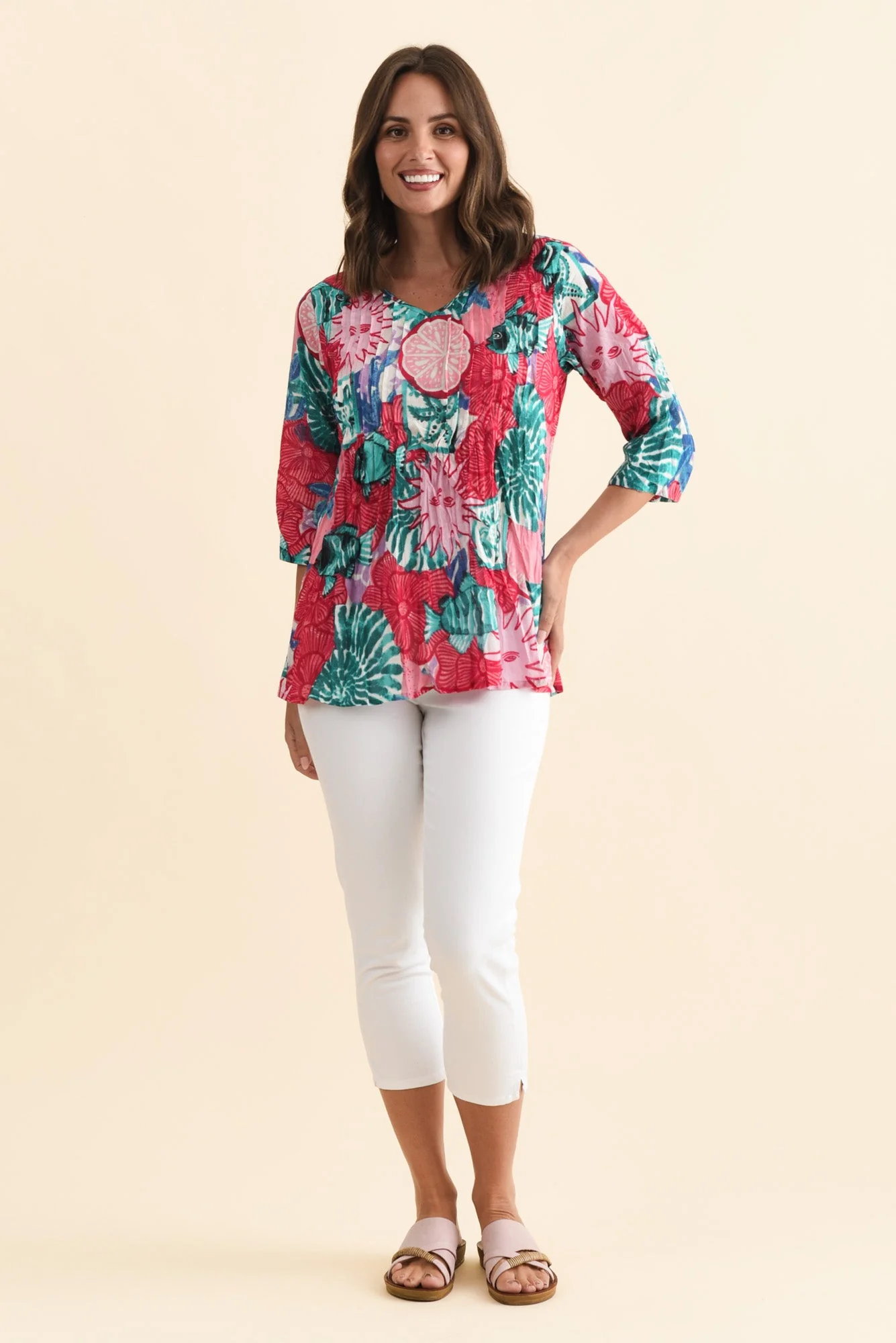 Fia Pink Abstract Sleeved Crinkle Cotton Top - Image 6