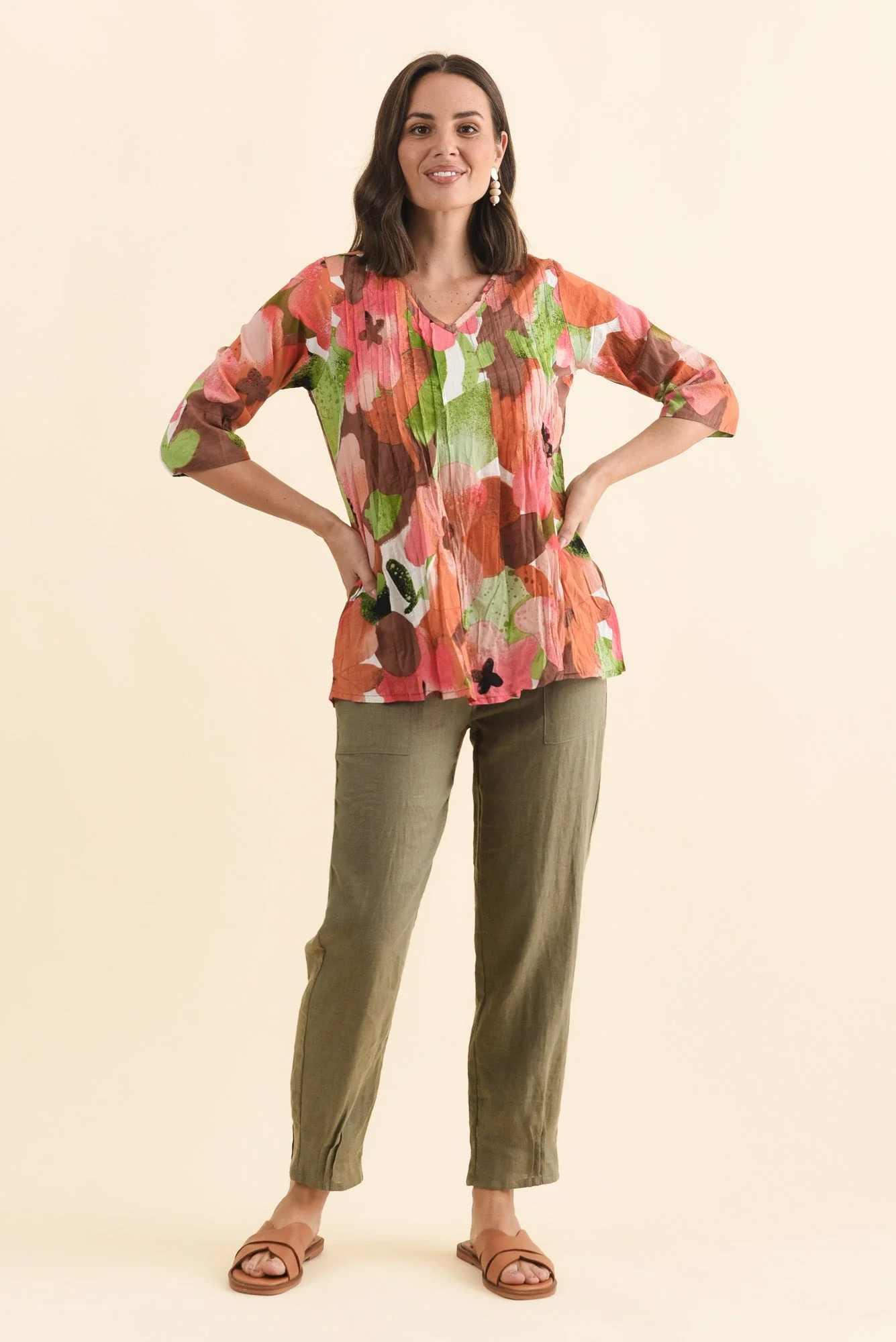 Fia Pink Floral Sleeved Crinkle Cotton Top - Image 6