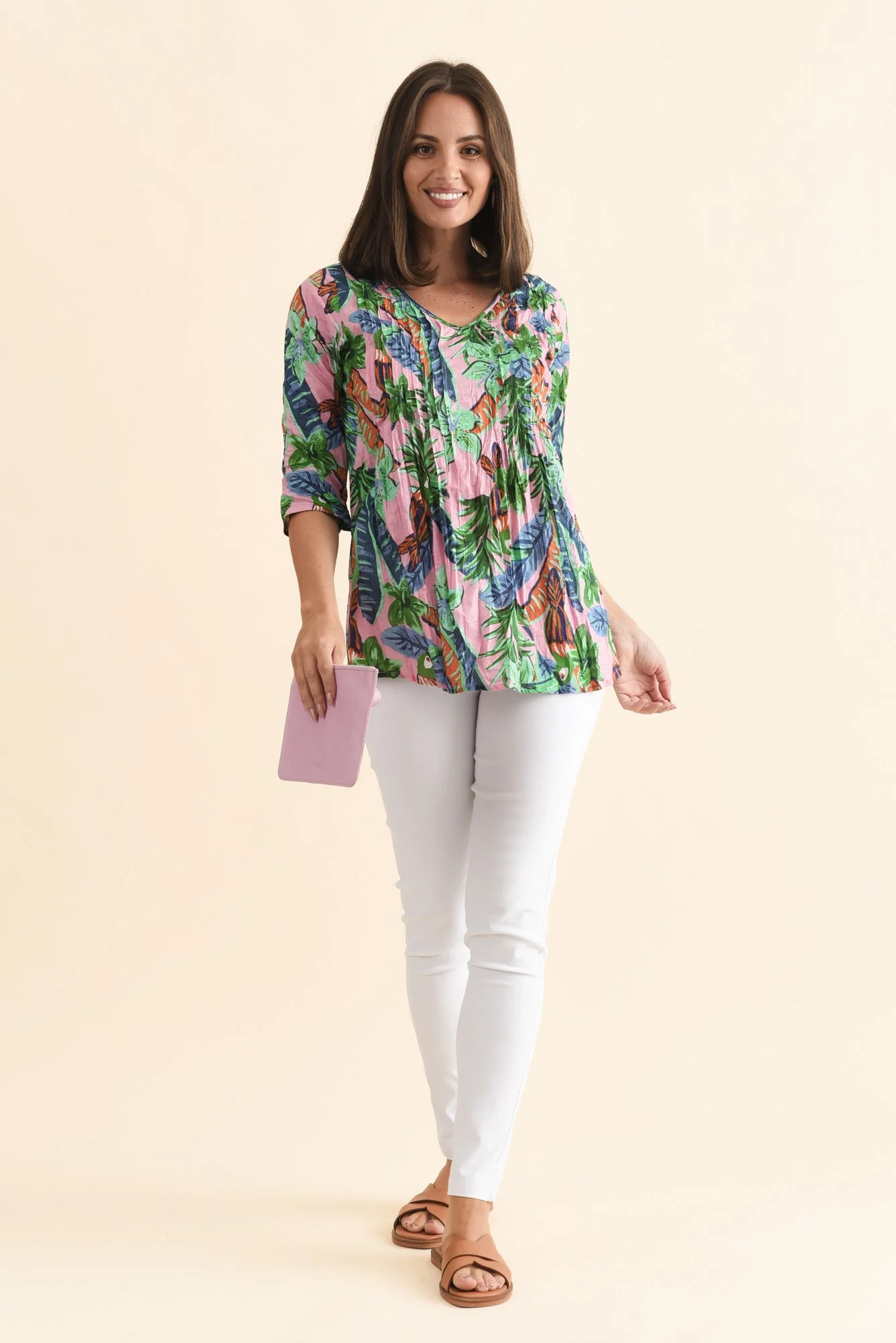 Fia Pink Tropical Sleeved Crinkle Cotton Top - Image 2