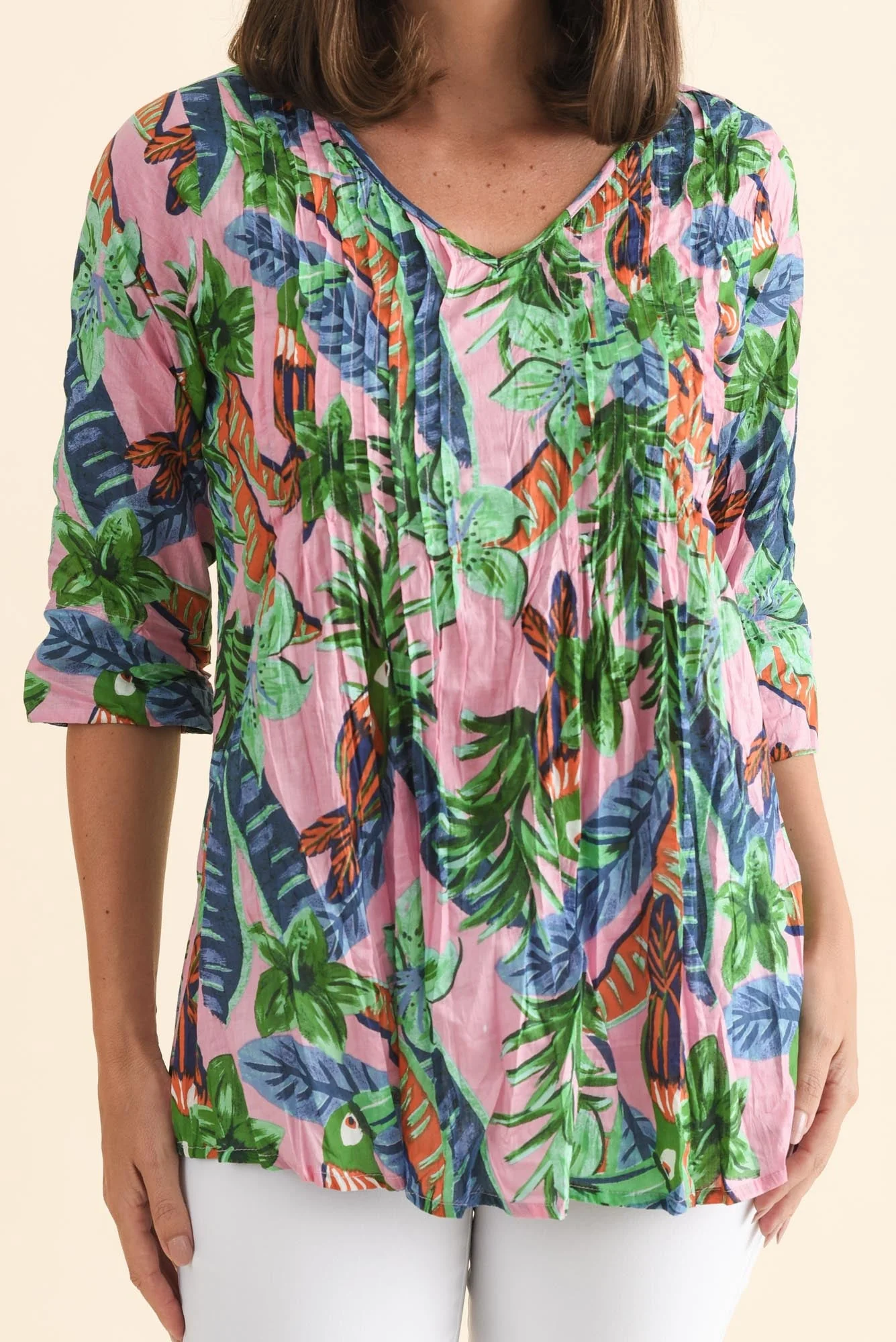 Fia Pink Tropical Sleeved Crinkle Cotton Top - Image 5