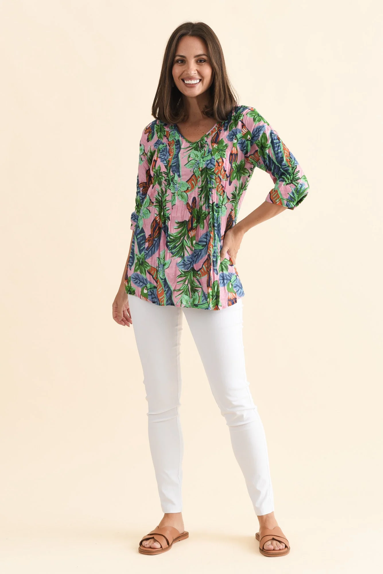 Fia Pink Tropical Sleeved Crinkle Cotton Top - Image 6