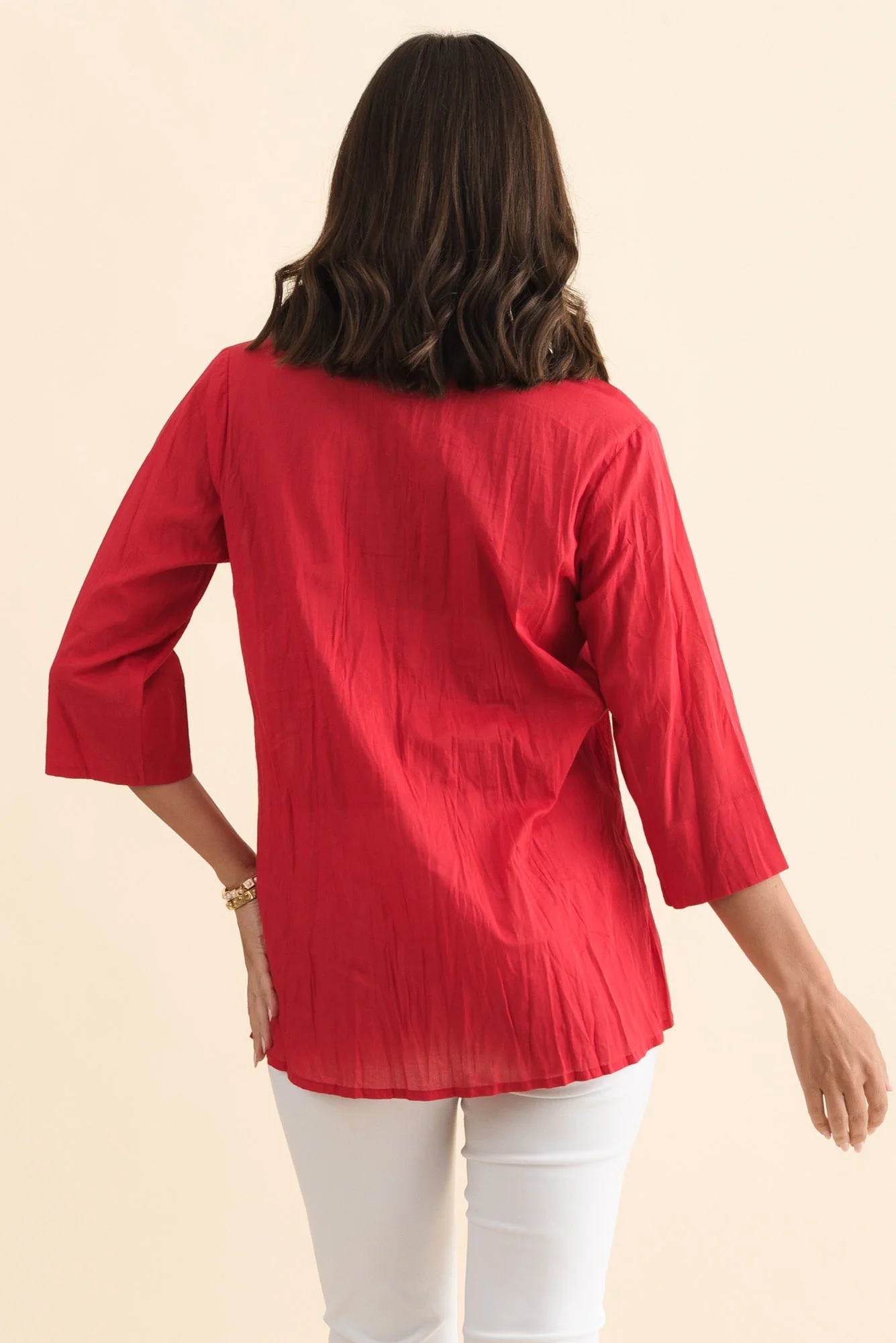 Fia Red Sleeved Crinkle Cotton Top - Image 4