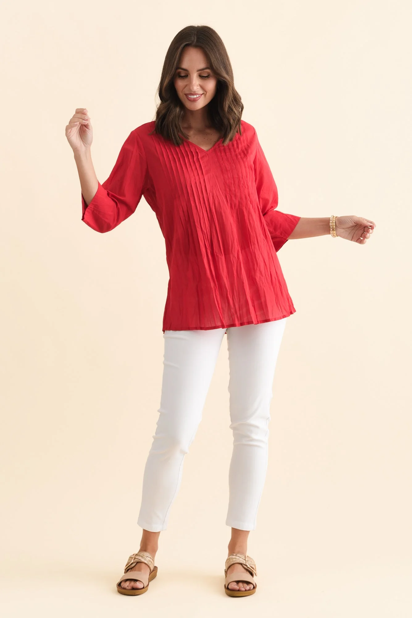 Fia Red Sleeved Crinkle Cotton Top - Image 6