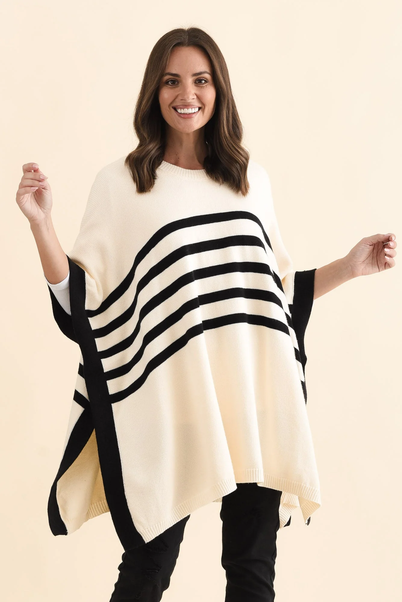 Fidelia White Stripe Knit Poncho - Image 2