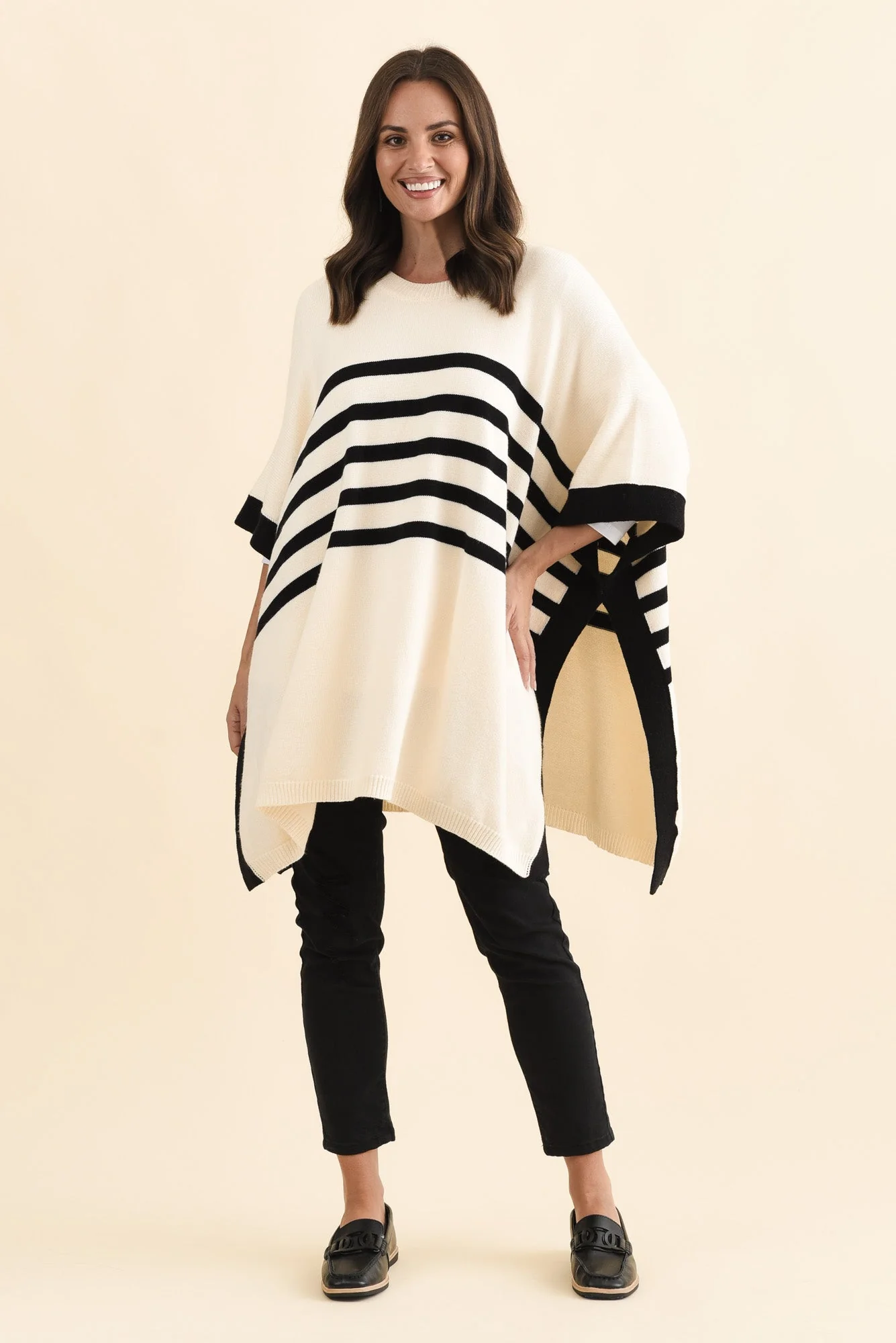 Fidelia White Stripe Knit Poncho - Image 3