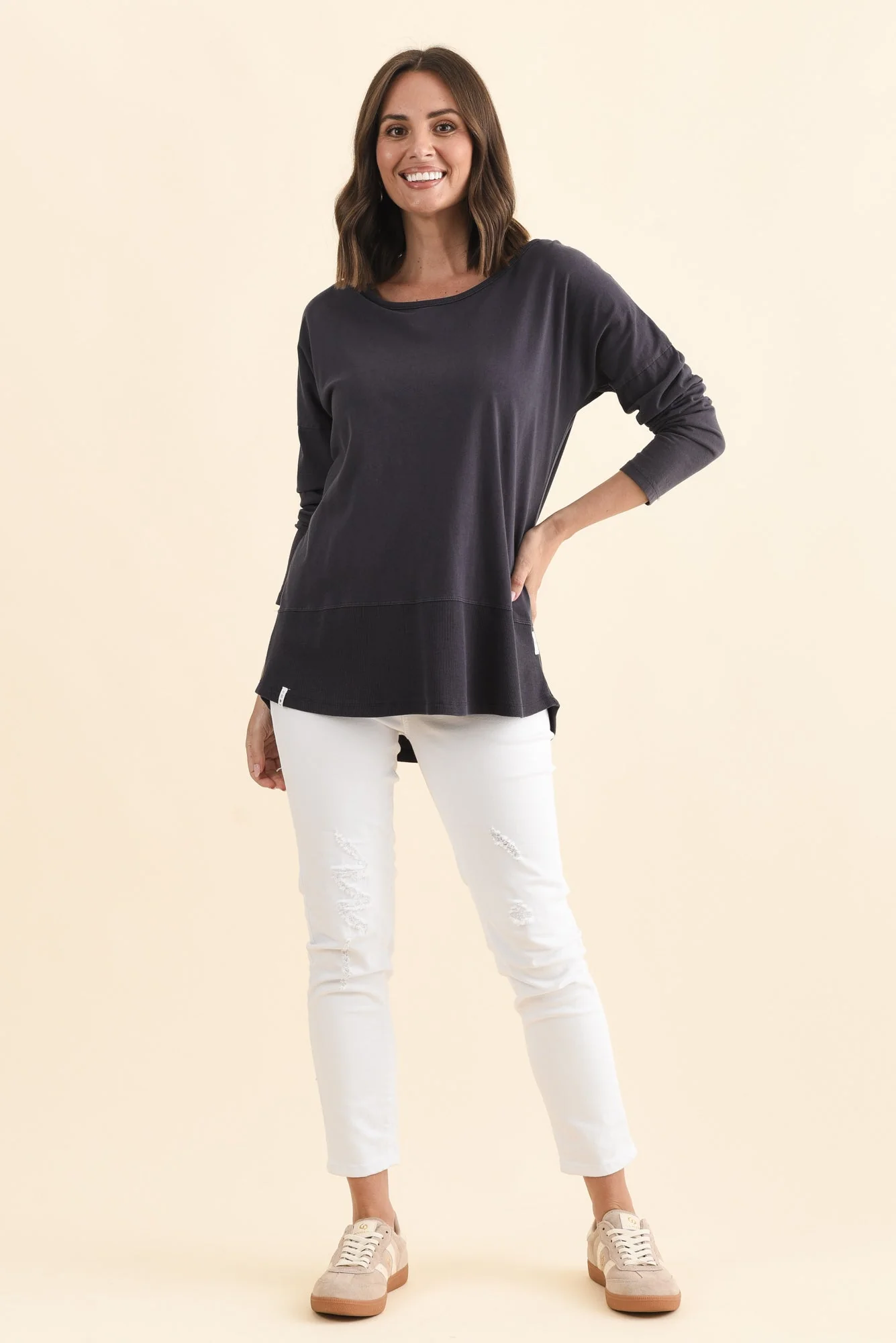 Fundamental Navy Cotton Rib Sleeved Top - Image 7