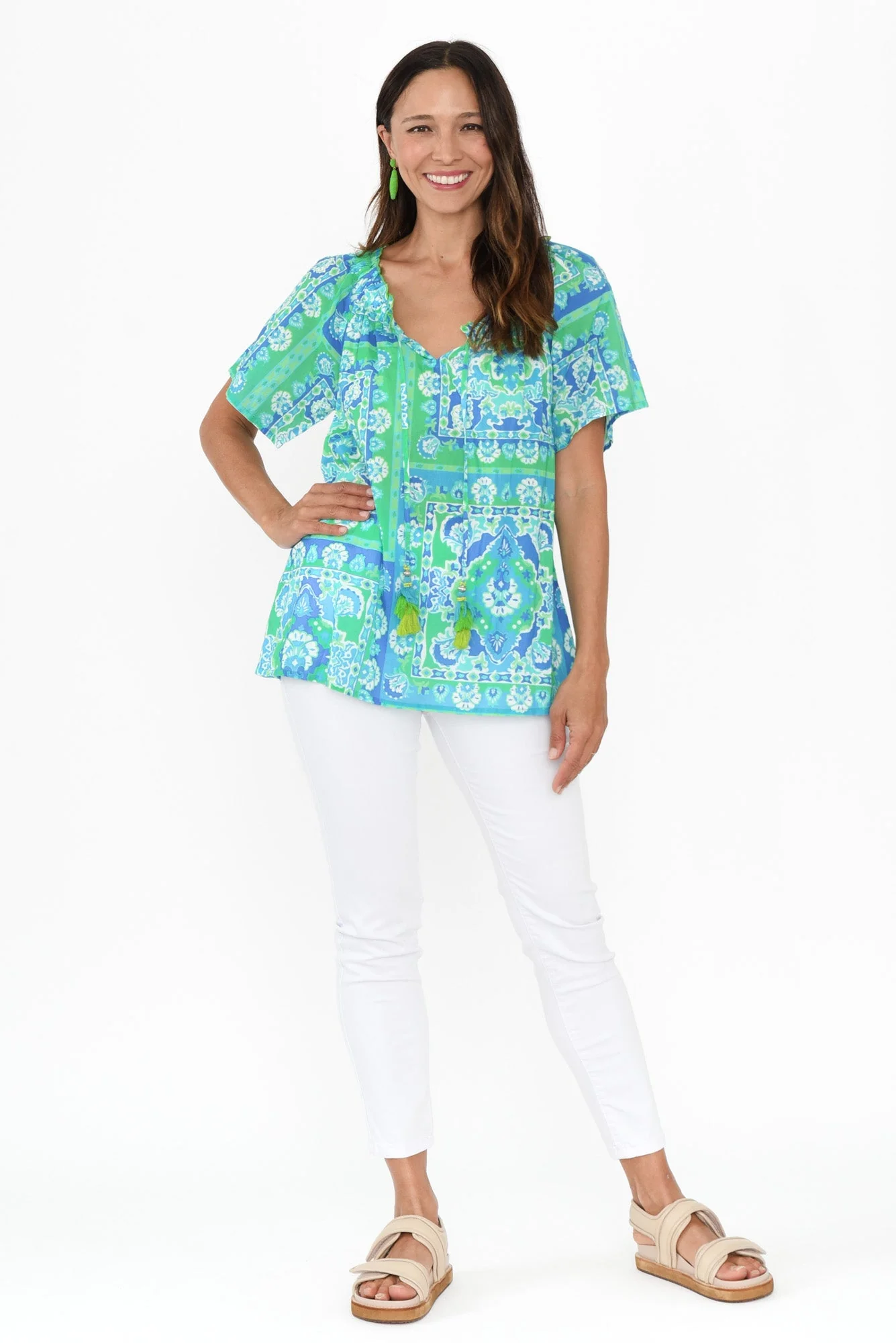 Gabe Blue Abstract Cotton Tassel Top - Image 2