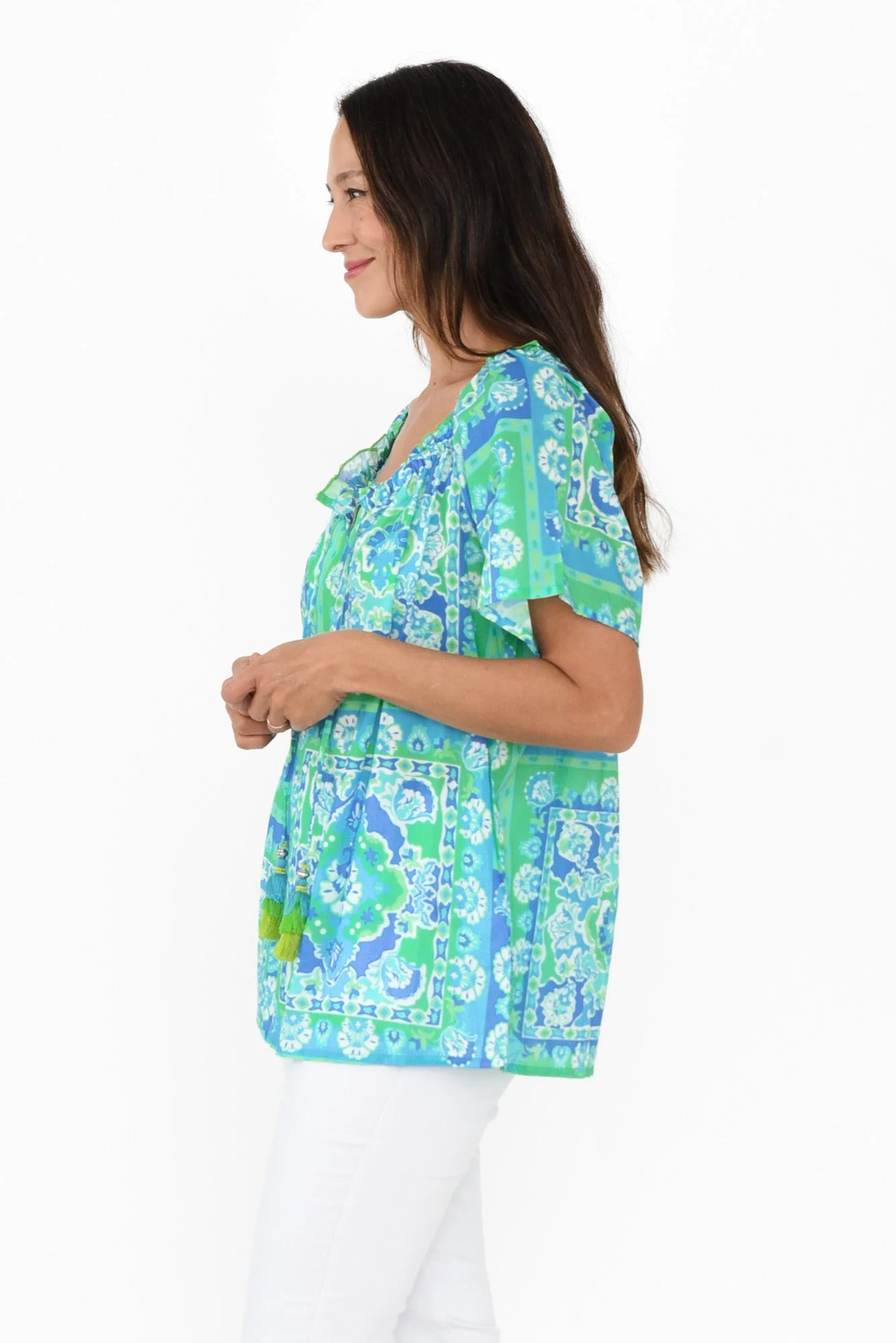 Gabe Blue Abstract Cotton Tassel Top - Image 3