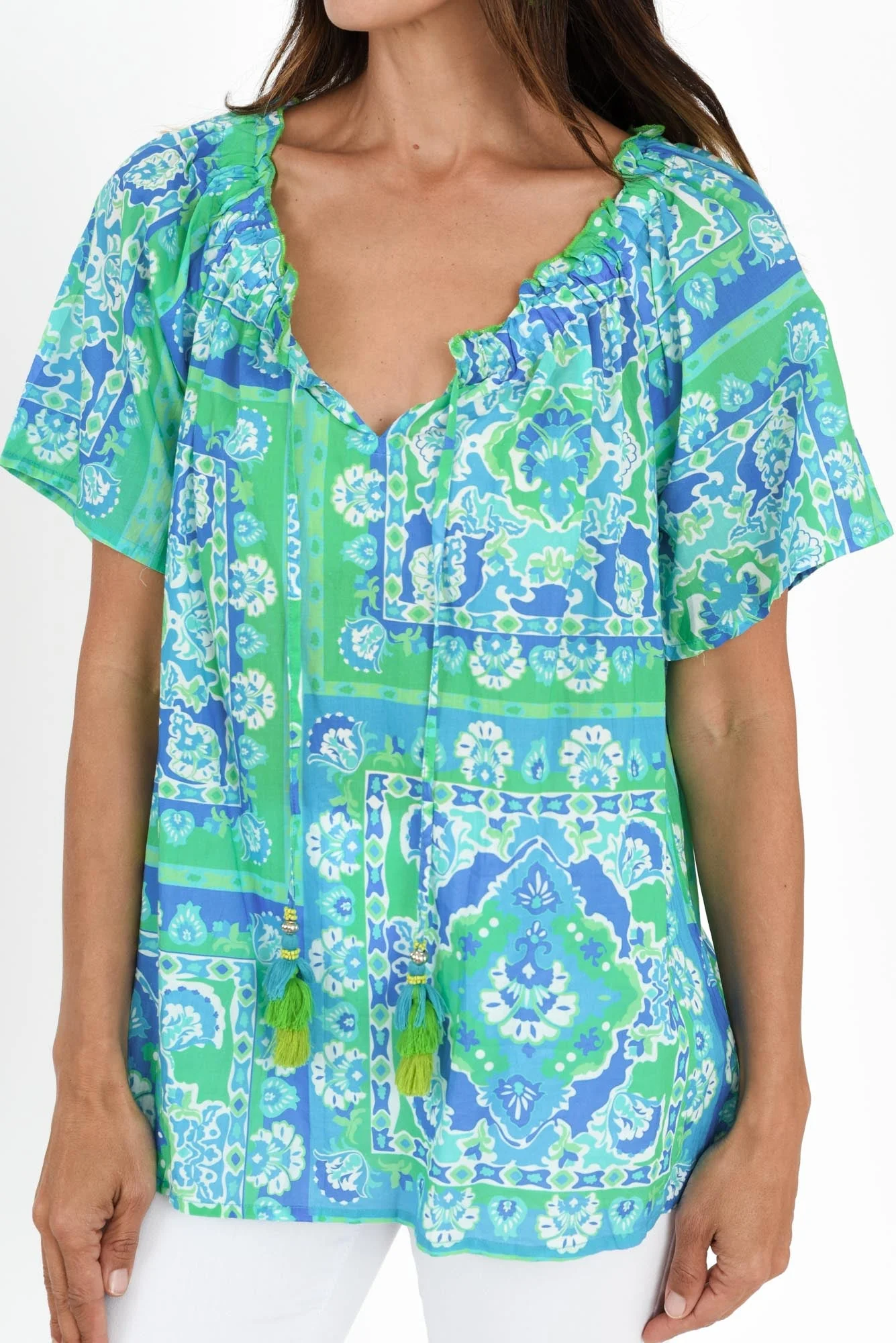 Gabe Blue Abstract Cotton Tassel Top - Image 5