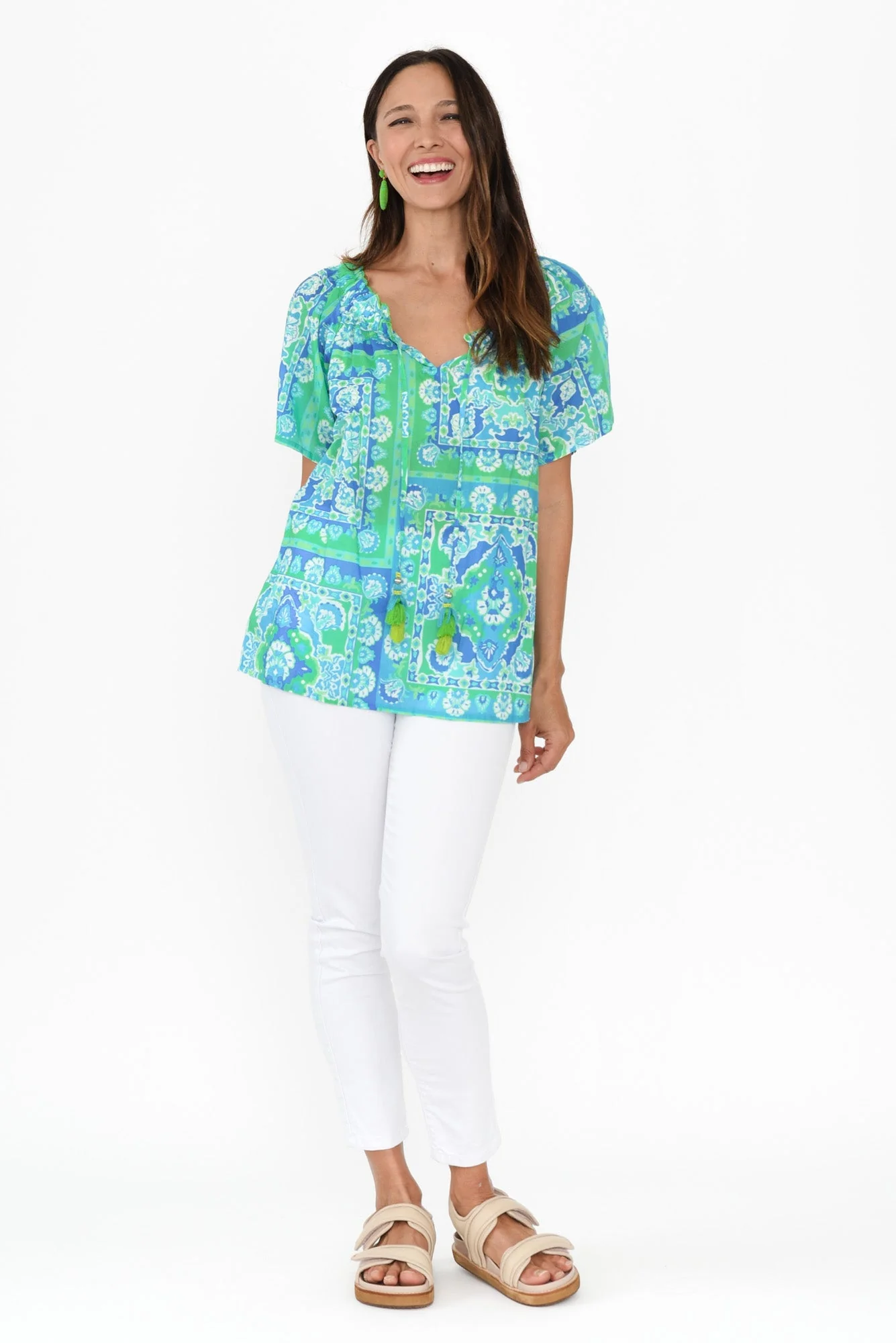 Gabe Blue Abstract Cotton Tassel Top - Image 6