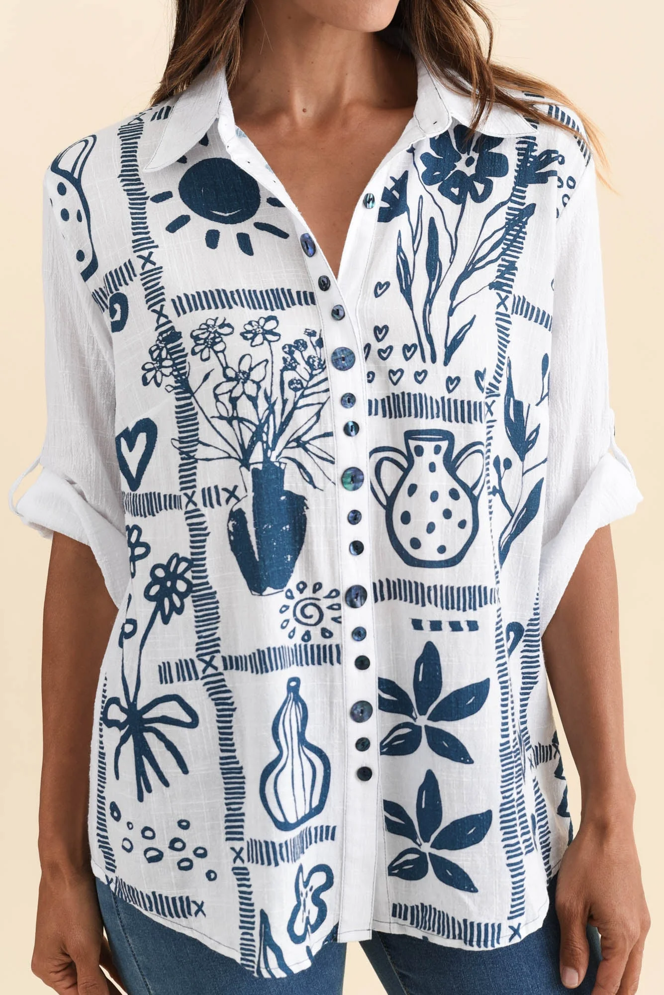 Georgina Blue Tile Cotton Shirt - Image 6