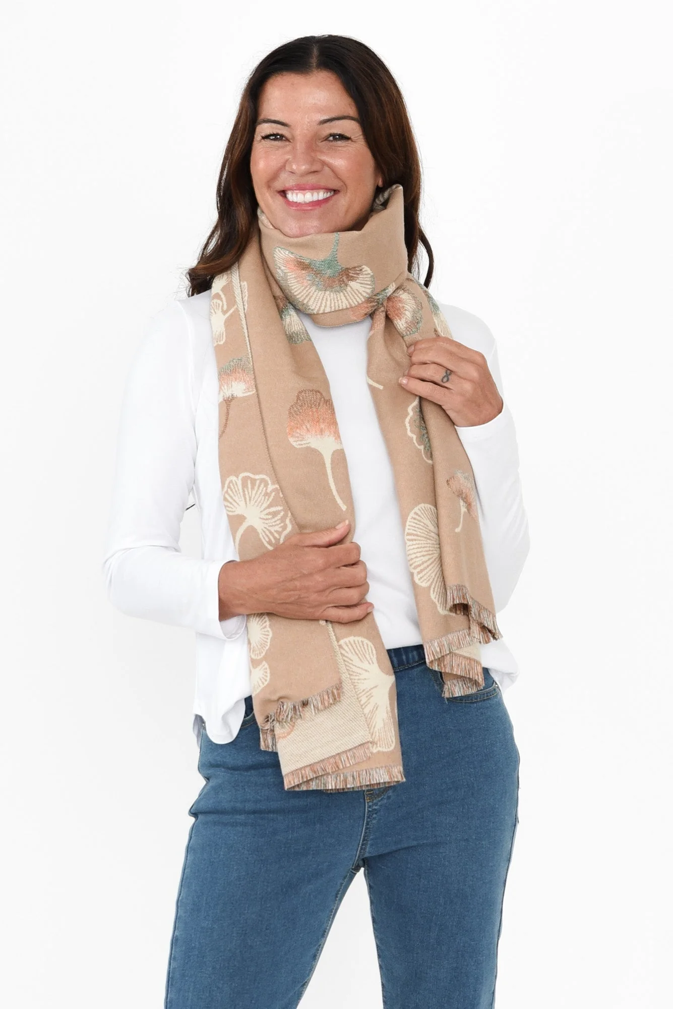 Ginko Beige Flower Scarf - Image 2